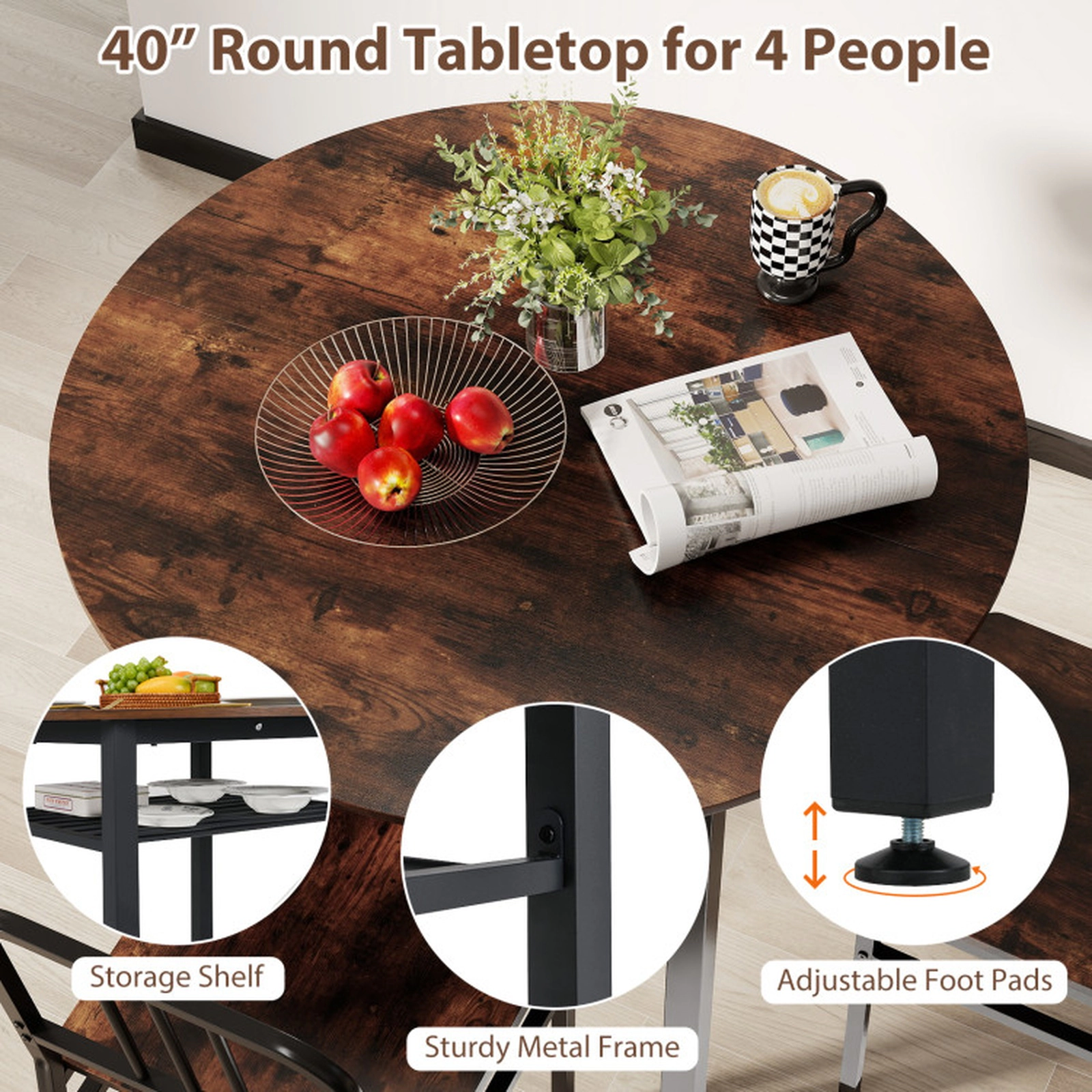 SUGIFT Rustic Brown 40 Inch Table Storage Shelf and 4 Chairs 5-Piece Round Dining Table Set