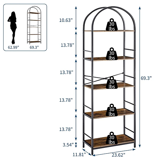BebreezChic 69 Inch Tall Arched Bookshelf 5 Tier Open Display Rack Floor Standing Storage Organizer Home Office