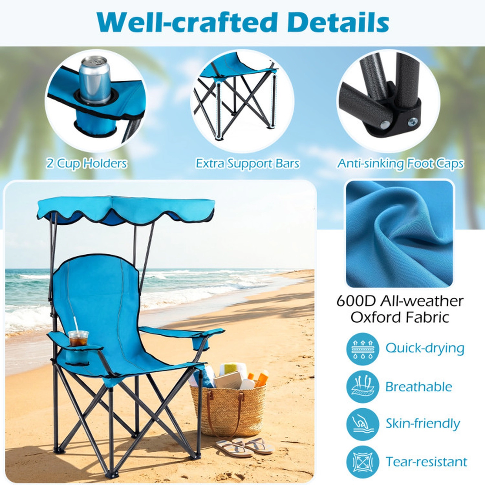 SUGIFT Light Blue Folding Beach Chair with Canopy and Cup Holders 38-in W 26.5-in D 51-in H 265-lb Seat Capacity