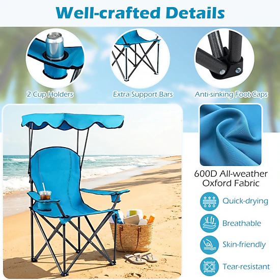 SUGIFT Light Blue Folding Beach Chair with Canopy and Cup Holders 38-in W 26.5-in D 51-in H 265-lb Seat Capacity