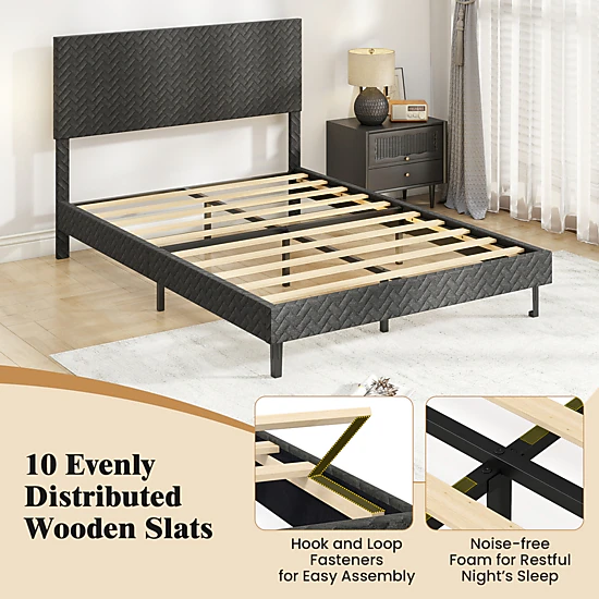 LJG Twin/Full/Queen Size Velvet Bed Frame Upholstered Platform Bed with Chevron Headboard Gray