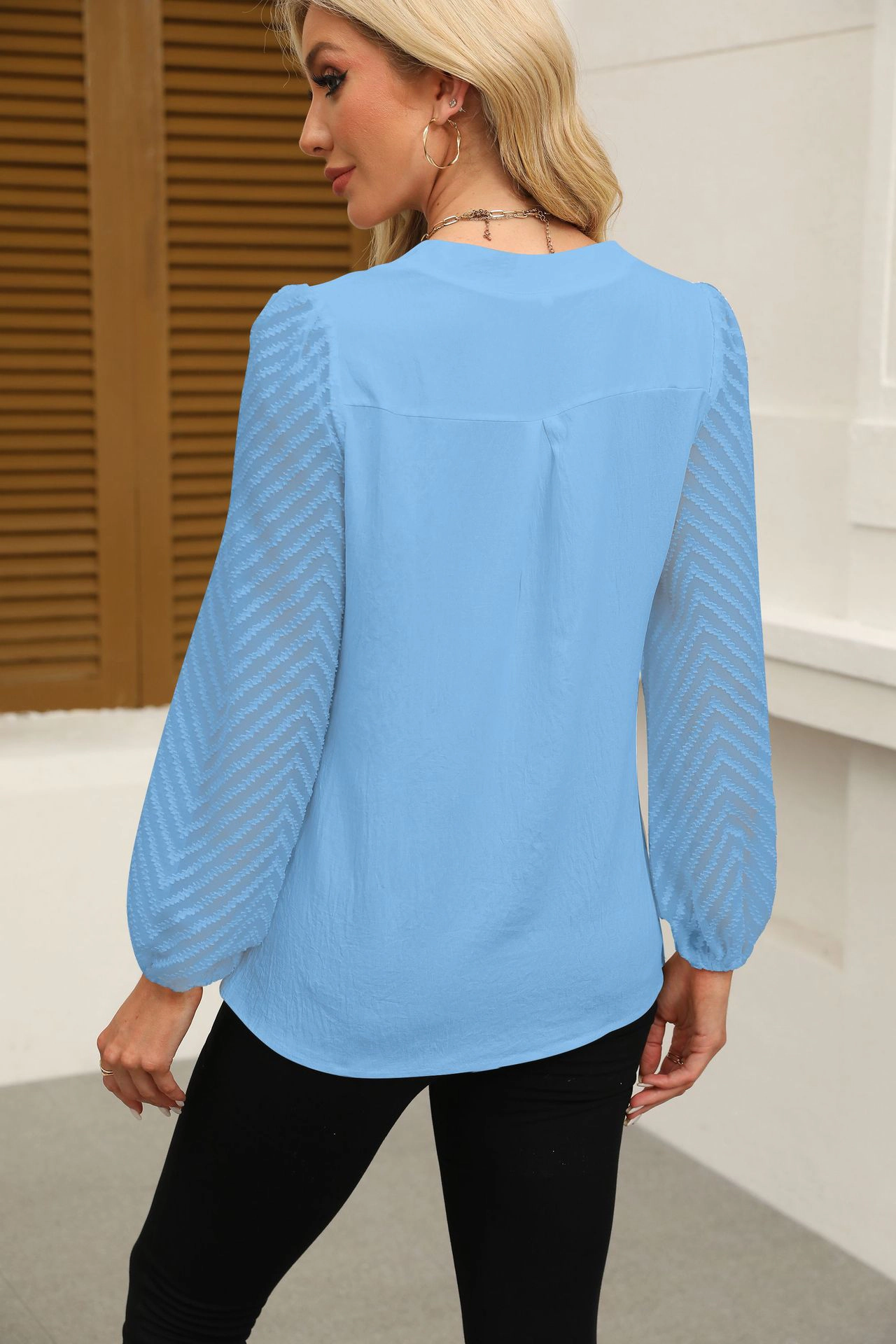 KOJOOIN Women Split V‑Notch Neck Blouse Balloon Jacquard Sheer Long Sleeve Shirt Loose Fit Top for Business