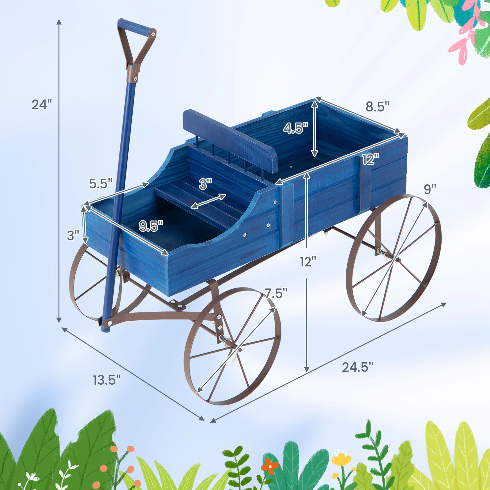 Hivvago Wooden Wagon Plant Bed With Wheel for Garden Yard