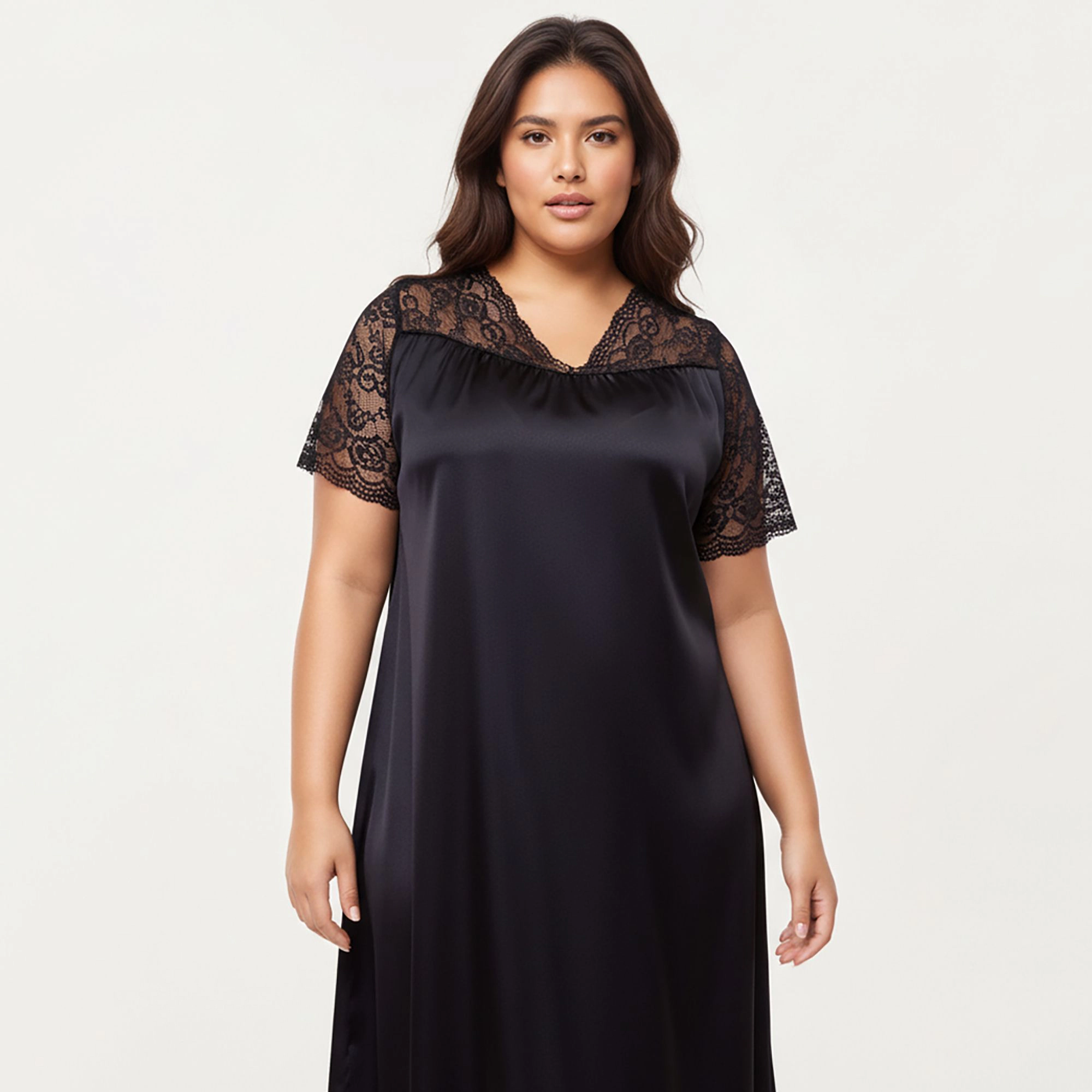 Anna-Kaci Women's Plus Satin Nightgown with Delicate Lace V-Neck Short Sleeves and Soft Flowing Silhouette