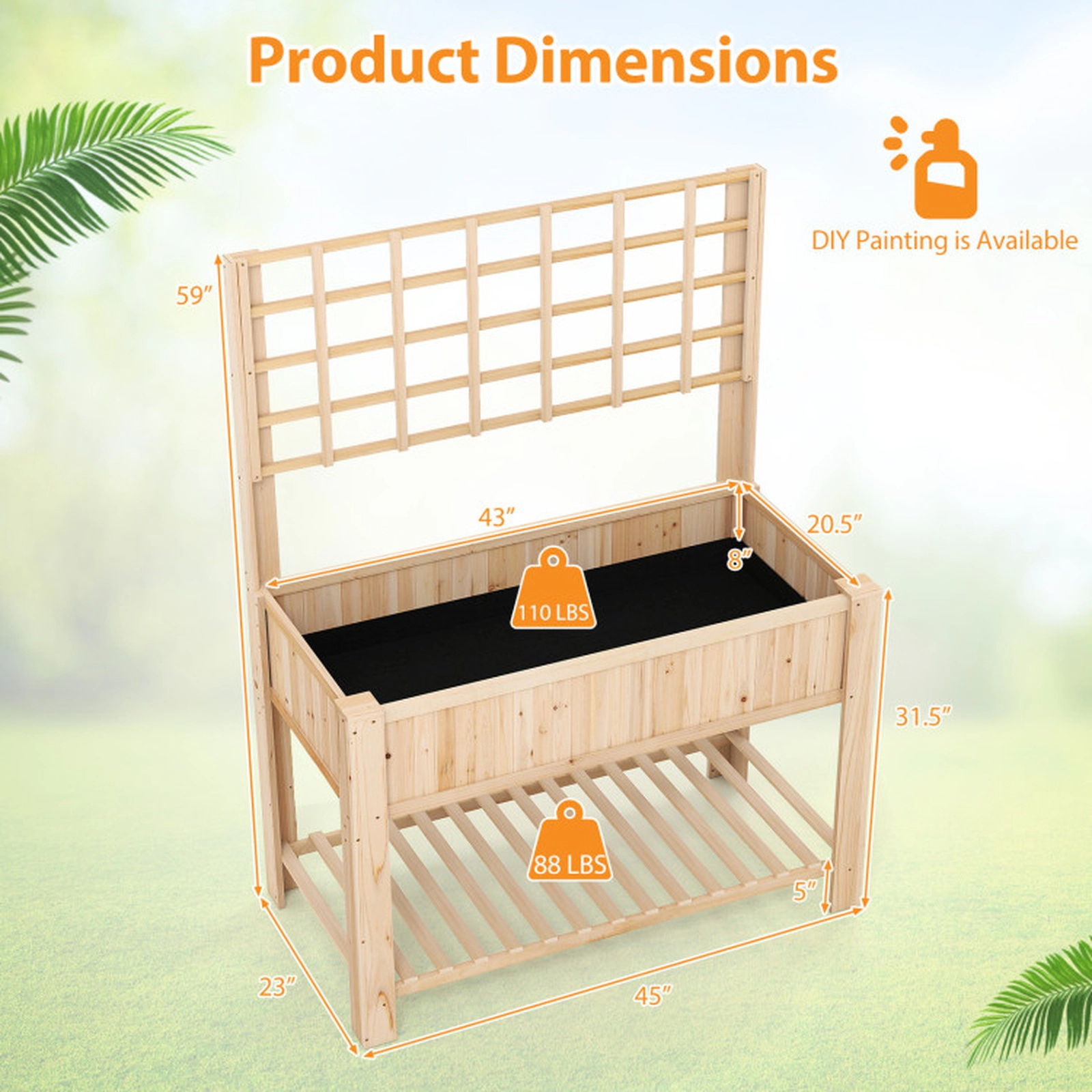 SUGIFT 59-in 110-lb Capacity Natural Fir Wood Raised Garden Bed with Trellis 88-lb Storage Shelf and Legs