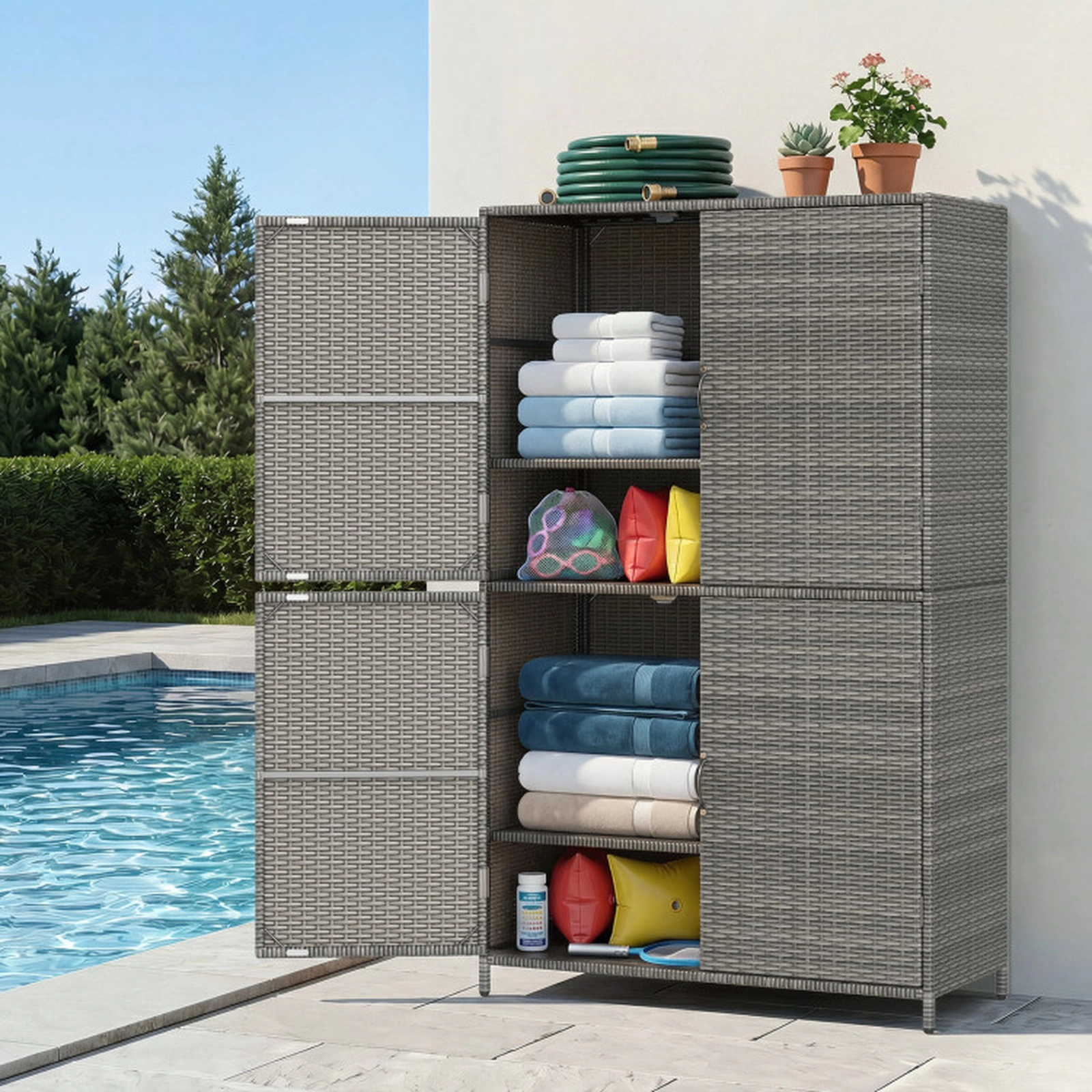 SUGIFT Gray 4-Door PE Rattan Vertical Outdoor Storage Shed with 80-lb Adjustable Removable Shelves