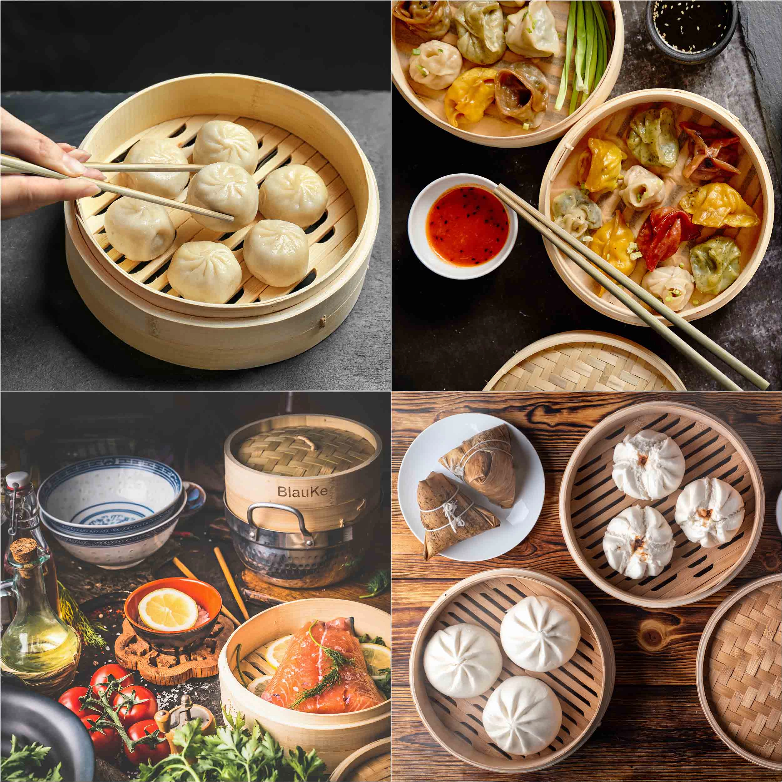 Bamboo Steamer for Cooking Dumplings, Veggies, Fish, Rice - 2 Pairs Chopsticks, Tongs, 50 Paper Liners