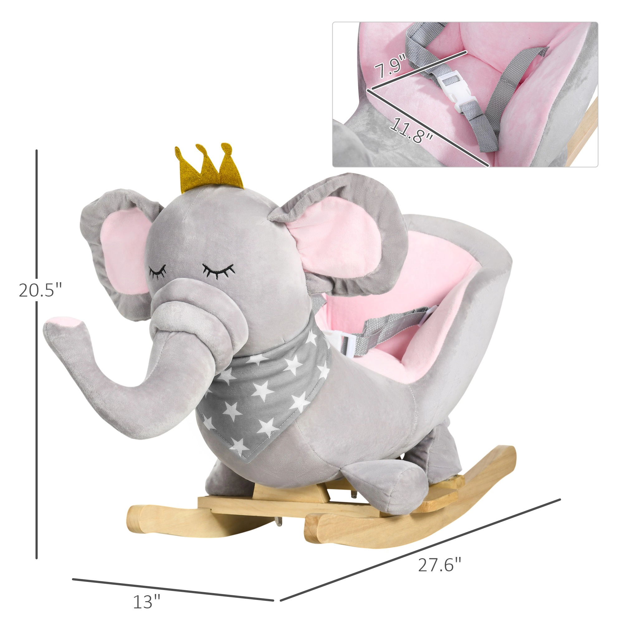 HONGGE Plush Elephant Rocking Chair with Sound & Seatbelt, Wood Base, Holds up to 110 lbs, Ages 18-36 Months, Gray