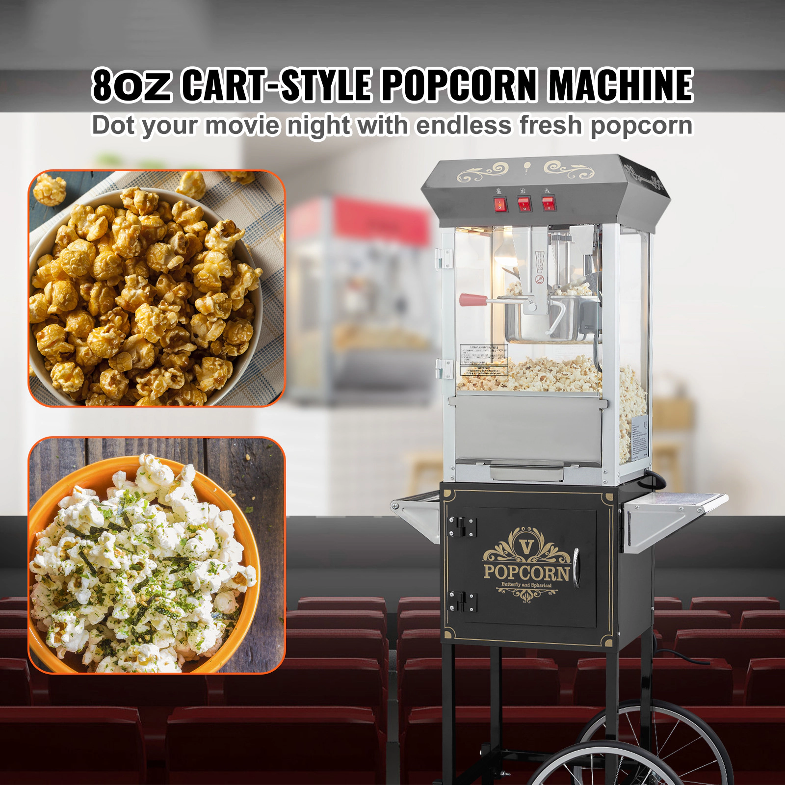 HONGGE Popcorn Maker with Cart 850W Popper Machine 8 Oz Kettle Makes 48 Cups per Batch Equipped
