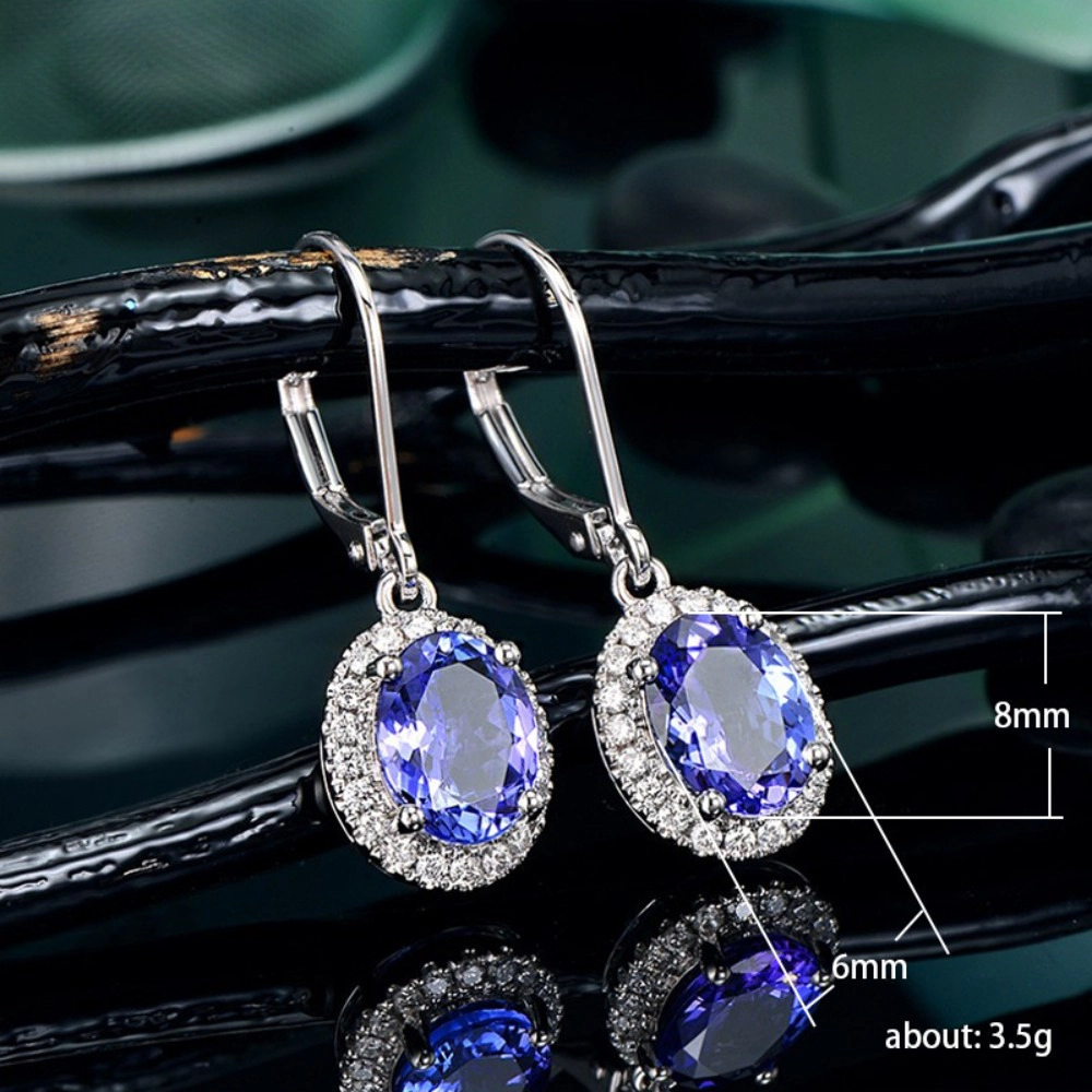 Oval Blue Gemstone Halo Leverback Drop Earring