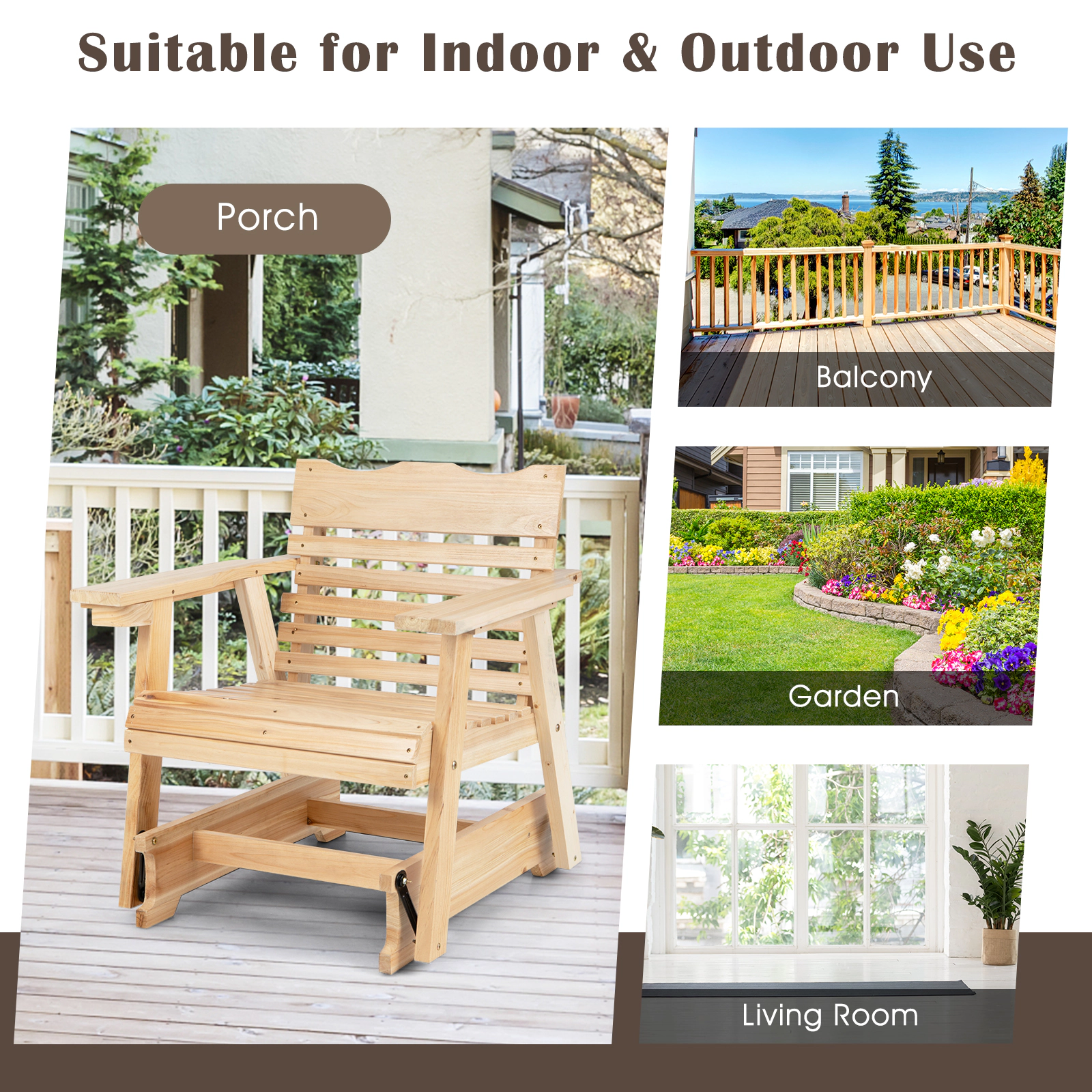 SUGIFT Outdoor Fir Wood Rocking Chair with High Back and Widened Armrests 330-lb Capacity Natural