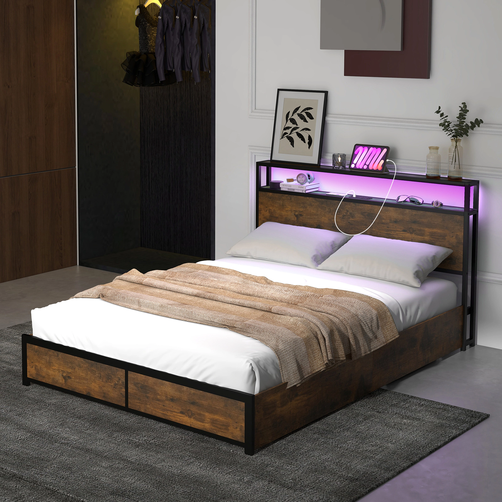 SUGIFT Full Size Bed Frame with Smart LED Lights, Headboard Storage Shelves and 4 Drawers 1100-lb Capacity Rustic Brown