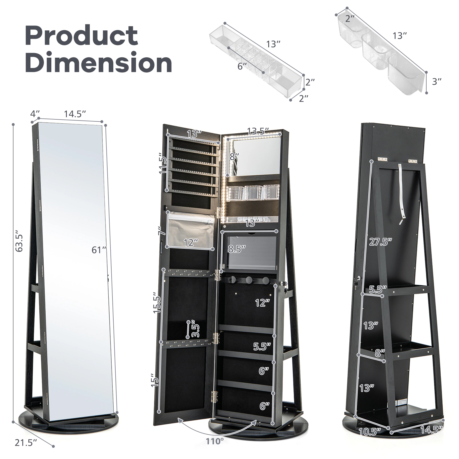 SUGIFT Black Lockable Jewelry Cabinet Armoire with Vanity Mirror 360-Degree Swivel Base and Makeup Shelf