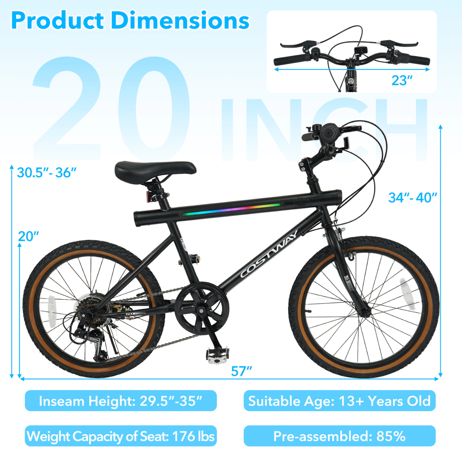LJG 20 Inch LED-Lit Cycling Bike with 2 Speakers and Ambient Lights for Men Women
