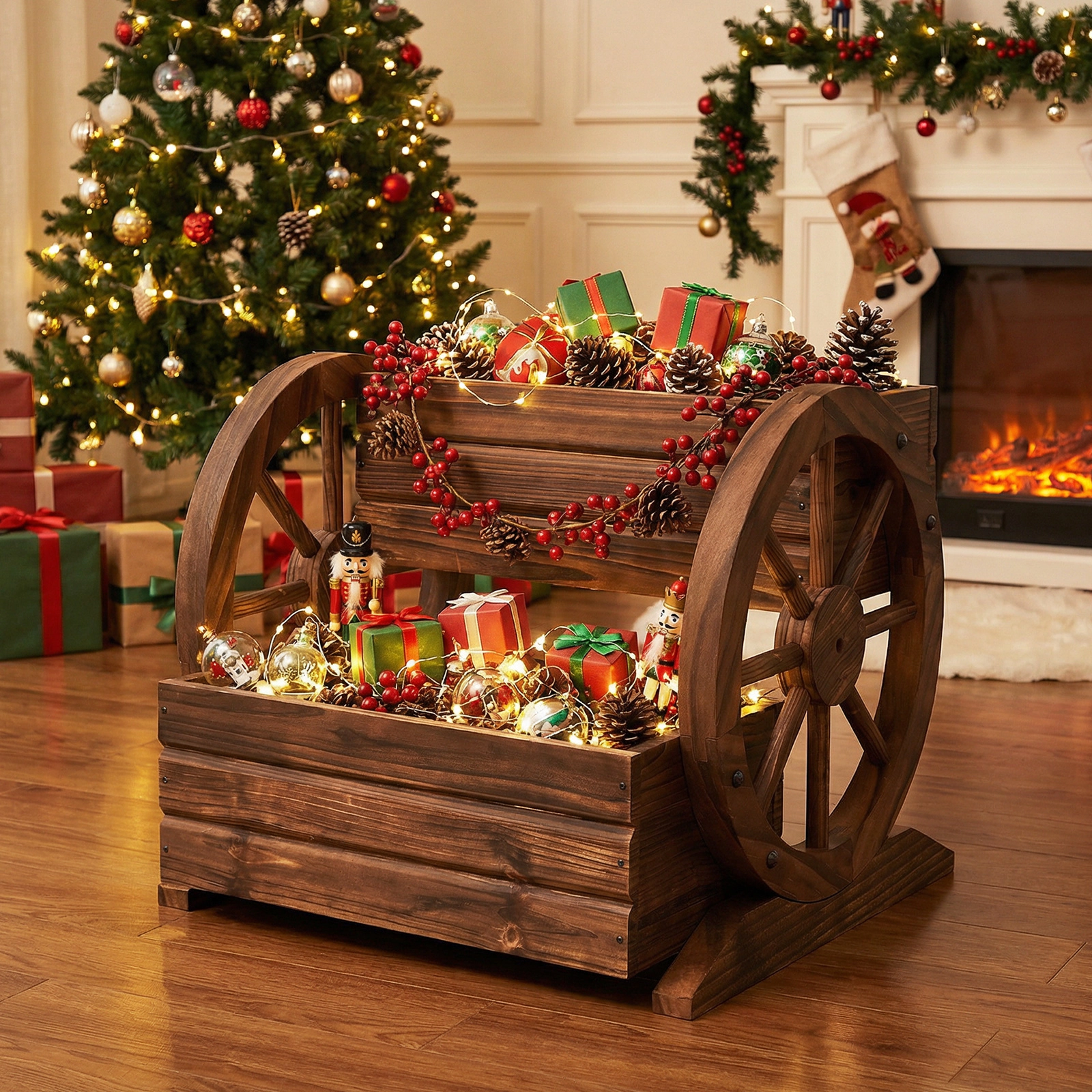 SUGIFT 2-Tier 11-lb Capacity Coffee Fir Wood Wagon Raised Garden Bed Planter with Drainage Hole and Wheels