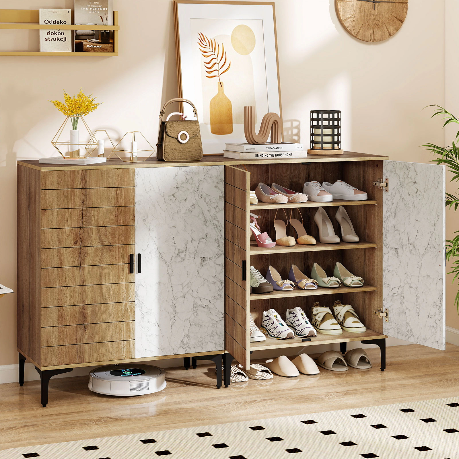 SUGIFT 4 Tier Farmhouse Shoe Storage Cabinet with Removable Shelves and Metal Legs 180-lb Capacity Walnut + White