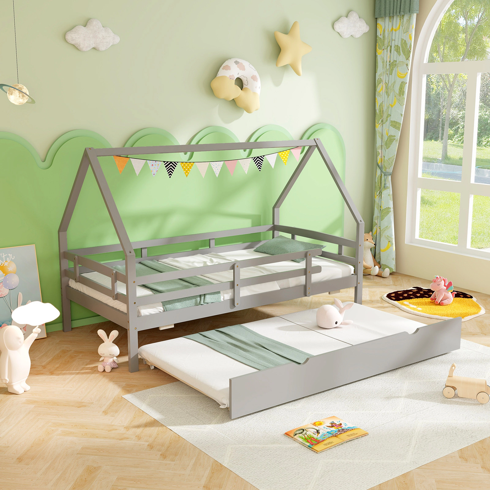 SUGIFT Twin House Bed with Pull-Out Trundle, Fence Rails, Gray Pine Wood, 330-Lb Capacity