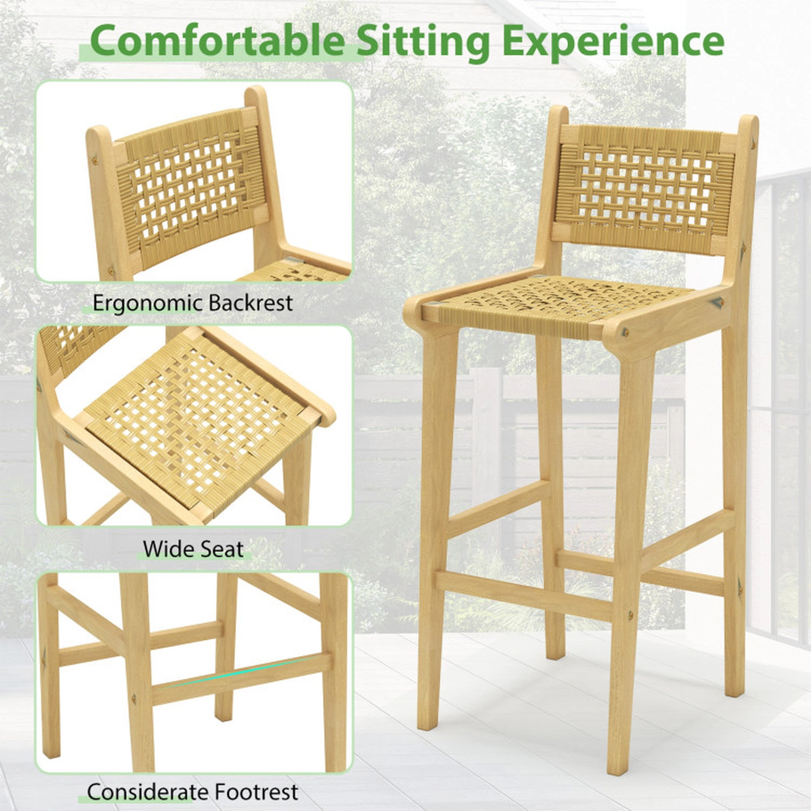 SUGIFT 29.5-in Bar Height Teak Patio Bar Stool, Woven Rattan, Foot Rail, 350-lb Capacity