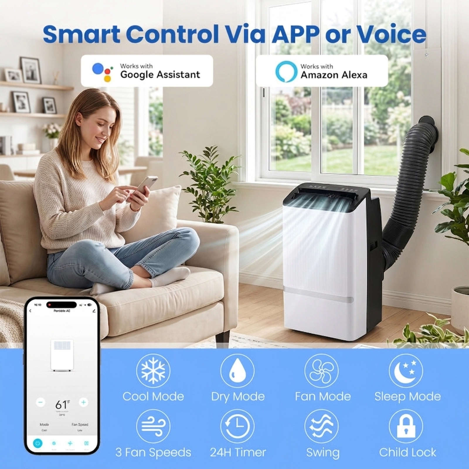 SUGIFT Black 14000-BTU Wi-Fi Portable Air Conditioner with Dehumidifier and 24H Timer 16.5-in W 14-in D 28.5-in H