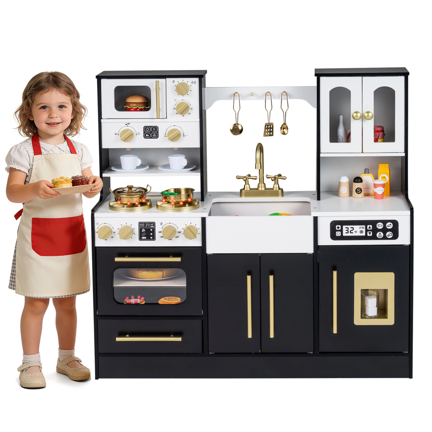 LJG Wooden Kids Kitchen Playset with Realistic Lights and Sounds