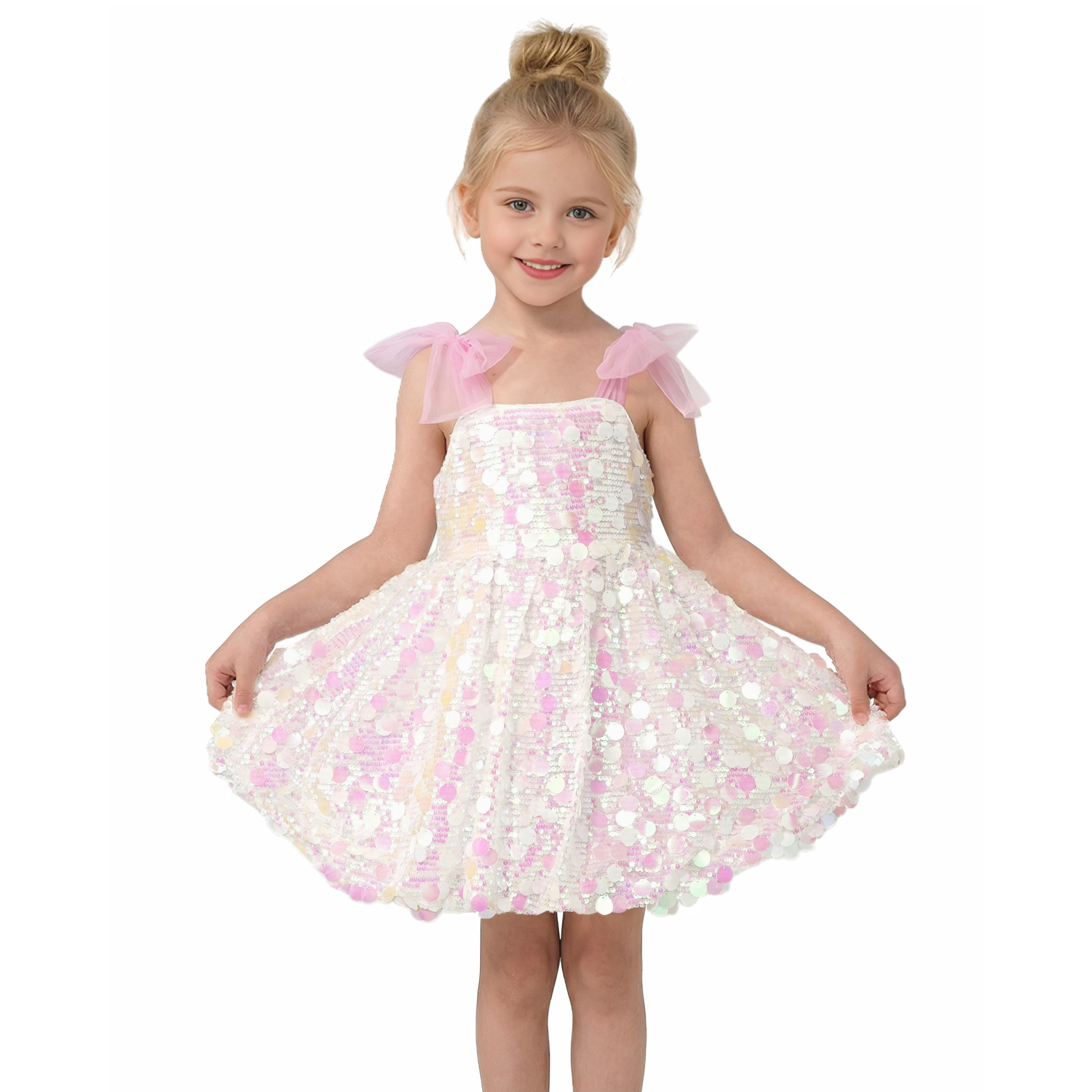 2Bunnies Girls' Iridescent Paillette Sequin Tie-Shoulder Fit & Flare Dress