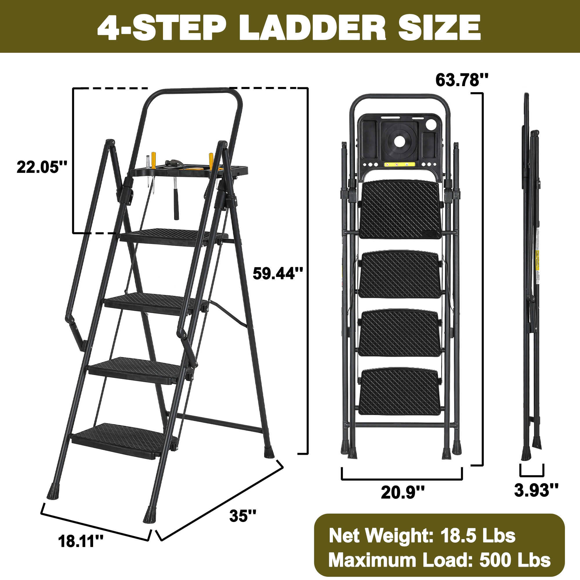 Flynama 4 Step Ladder- 500lb Capacity Steel Foldable Step Stool (Black)