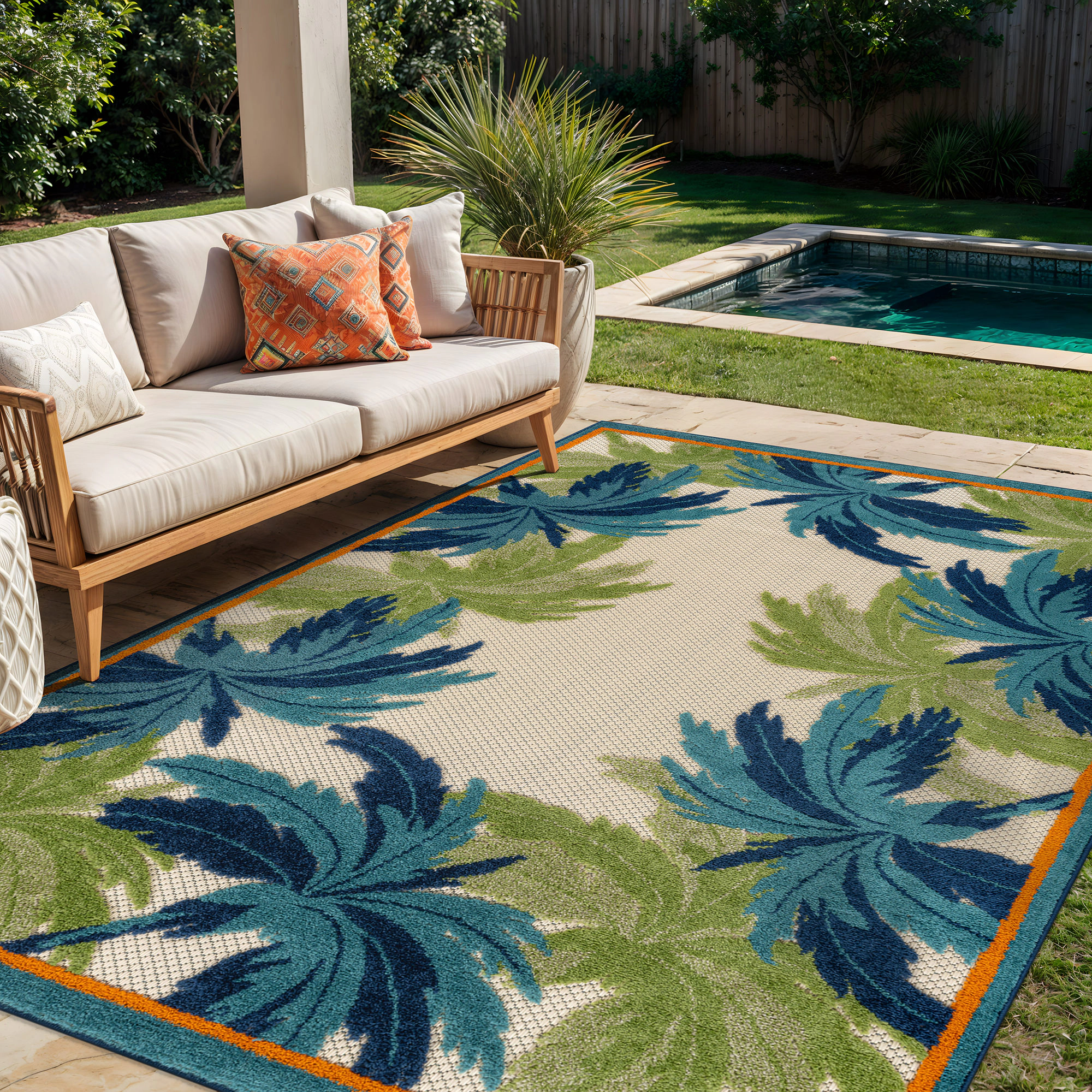 World Rug Gallery Indoor/Outdoor High-Low Textured Area Rug, Palm Border, Easy-Clean