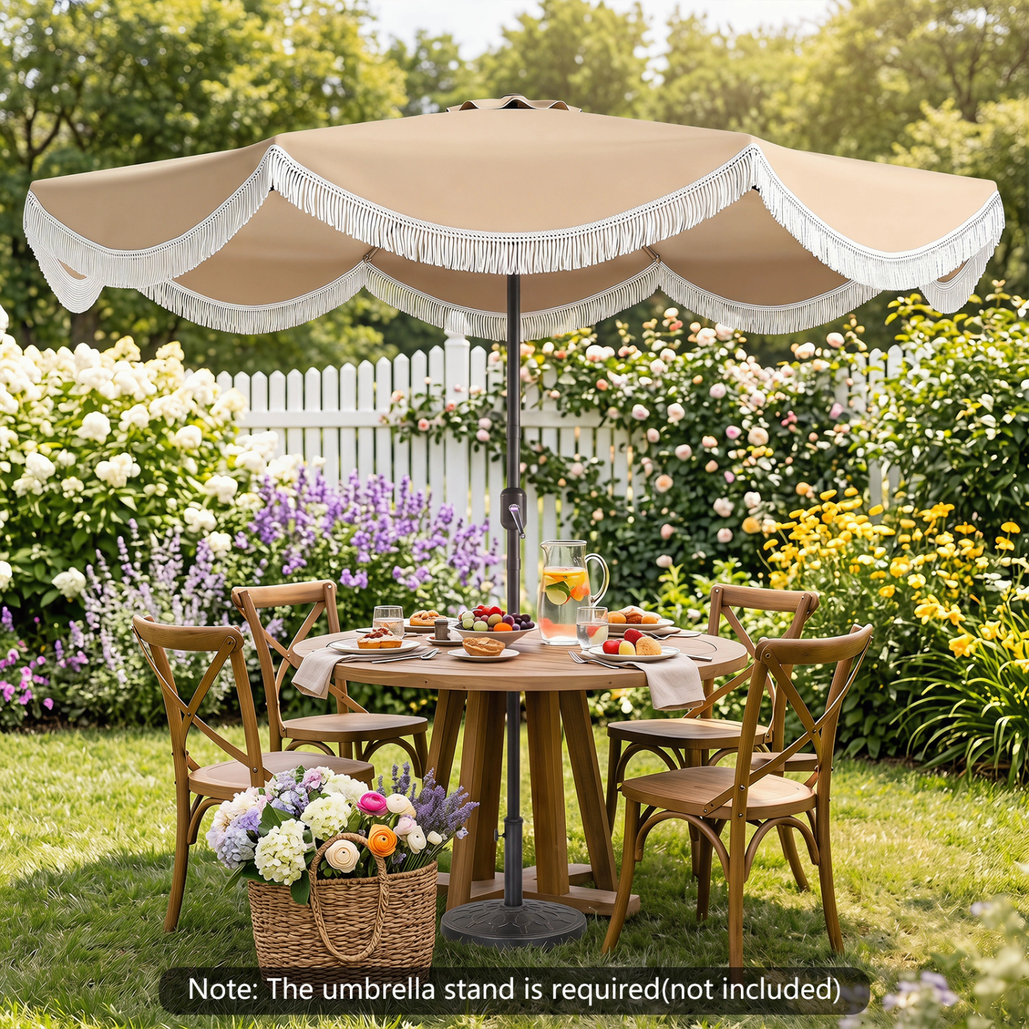 SlickBlue 10FT Outdoor Patio Umbrella with Tassel Fringe and Tilt Function