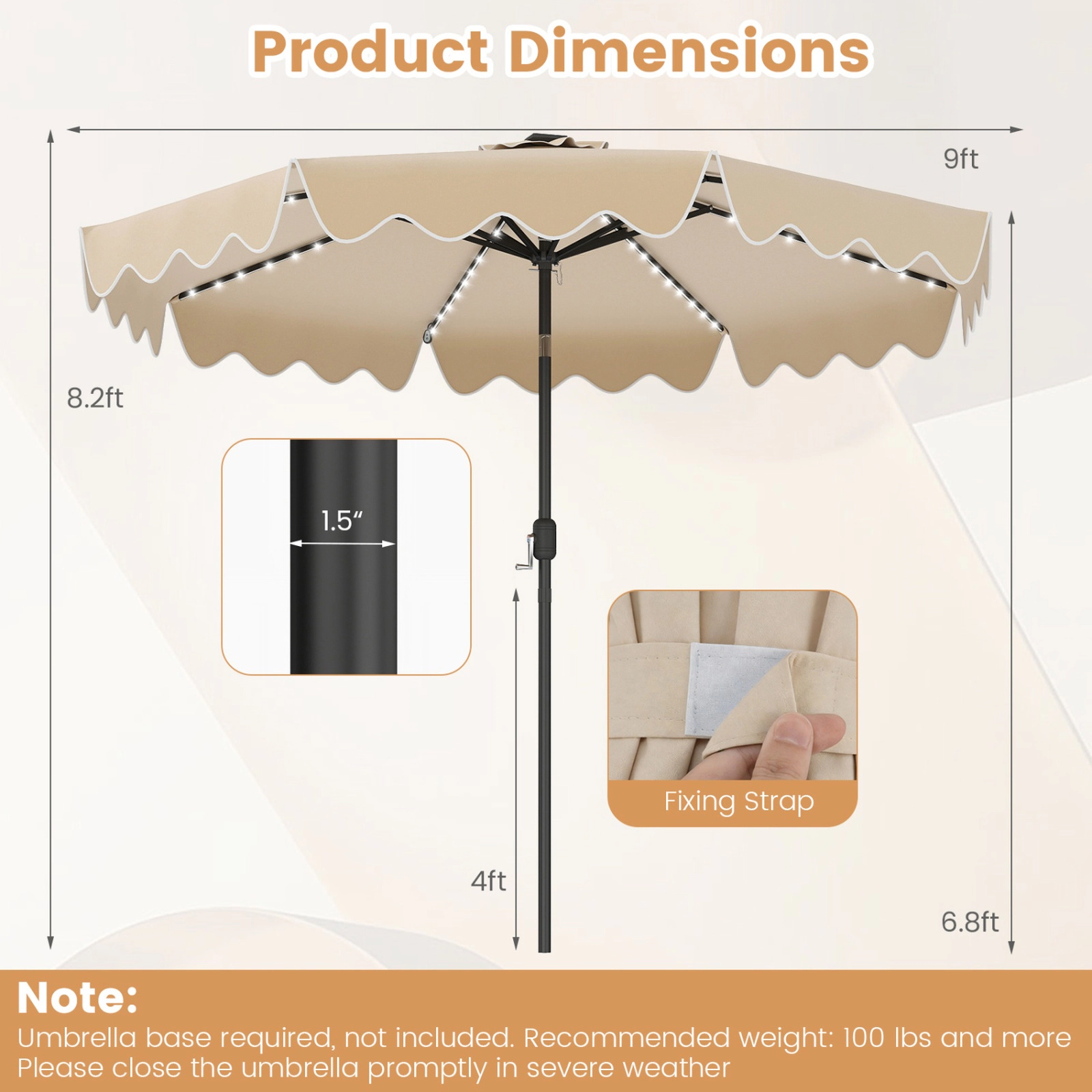 SUGIFT 104 Color-Changing LED Lights and Push Button Tilt 9 FT Solar Patio Umbrella