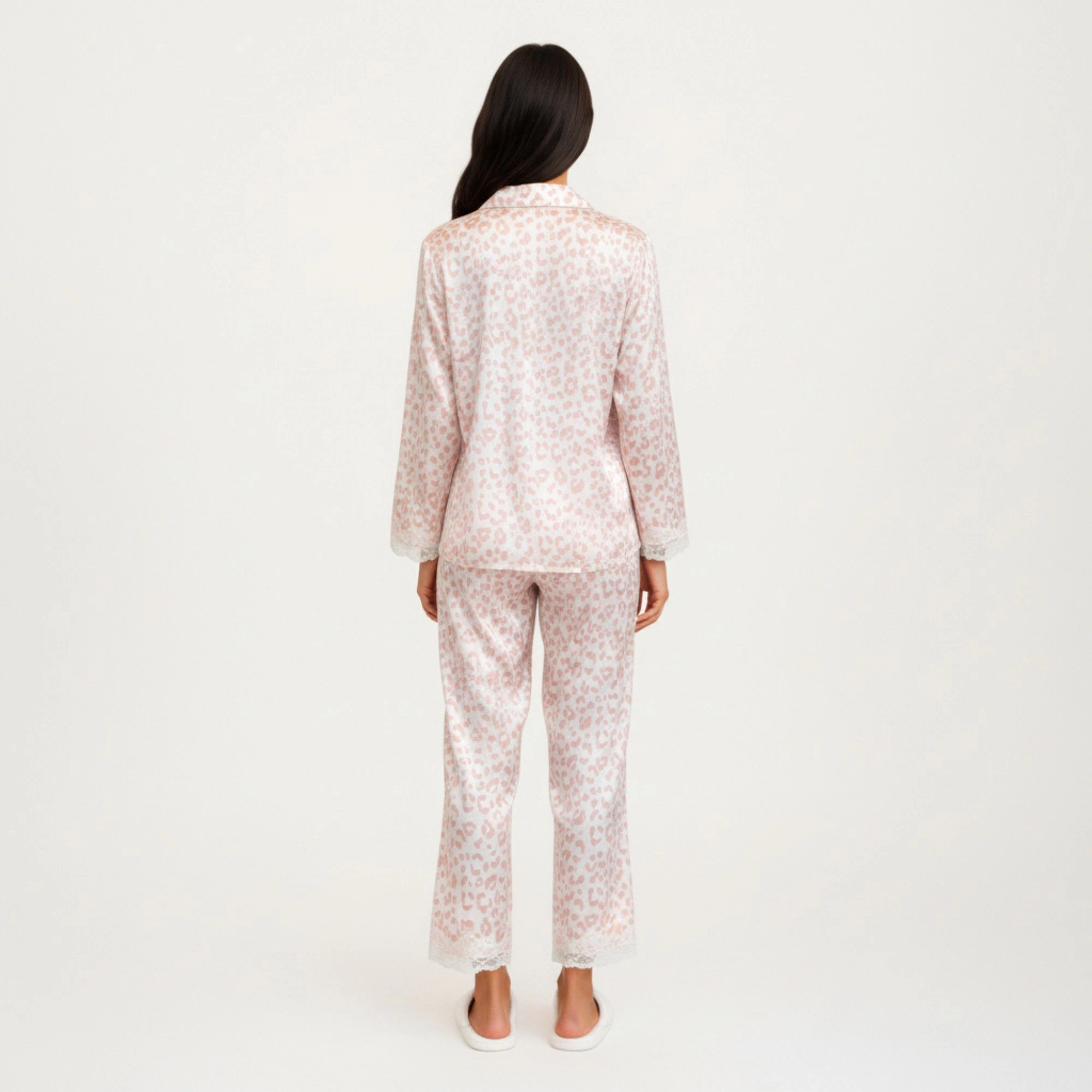 Anna-Kaci Women's 2-Piece Leopard Print Button Front Pajama Top with Lace Trim Sleeves and Matching Relaxed Fit Pants