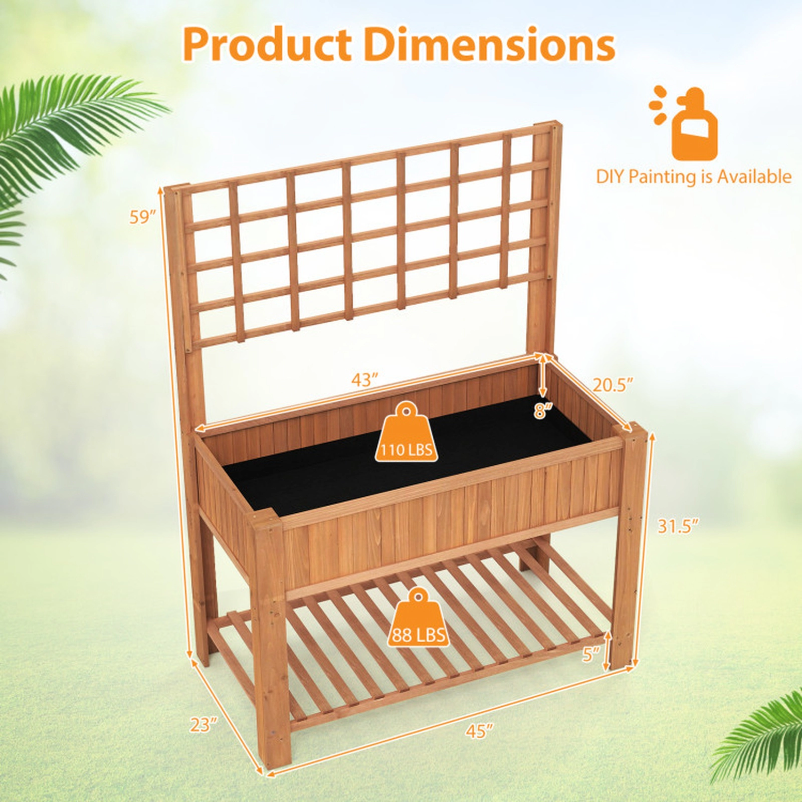 SUGIFT 59-in 110-lb Capacity Fir Wood Raised Garden Bed with Climbing Trellis Storage Shelf and L-Shaped Legs