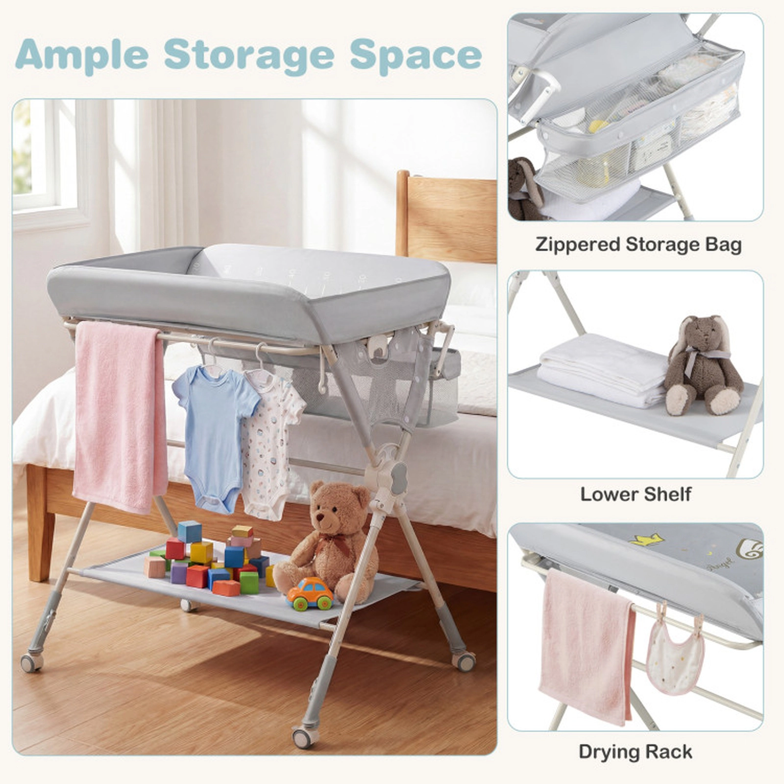 SUGIFT Foldable Baby Changing Table Diaper Station with Storage Bag and Shelf 55-lb Capacity Ages 0-12 Months Gray