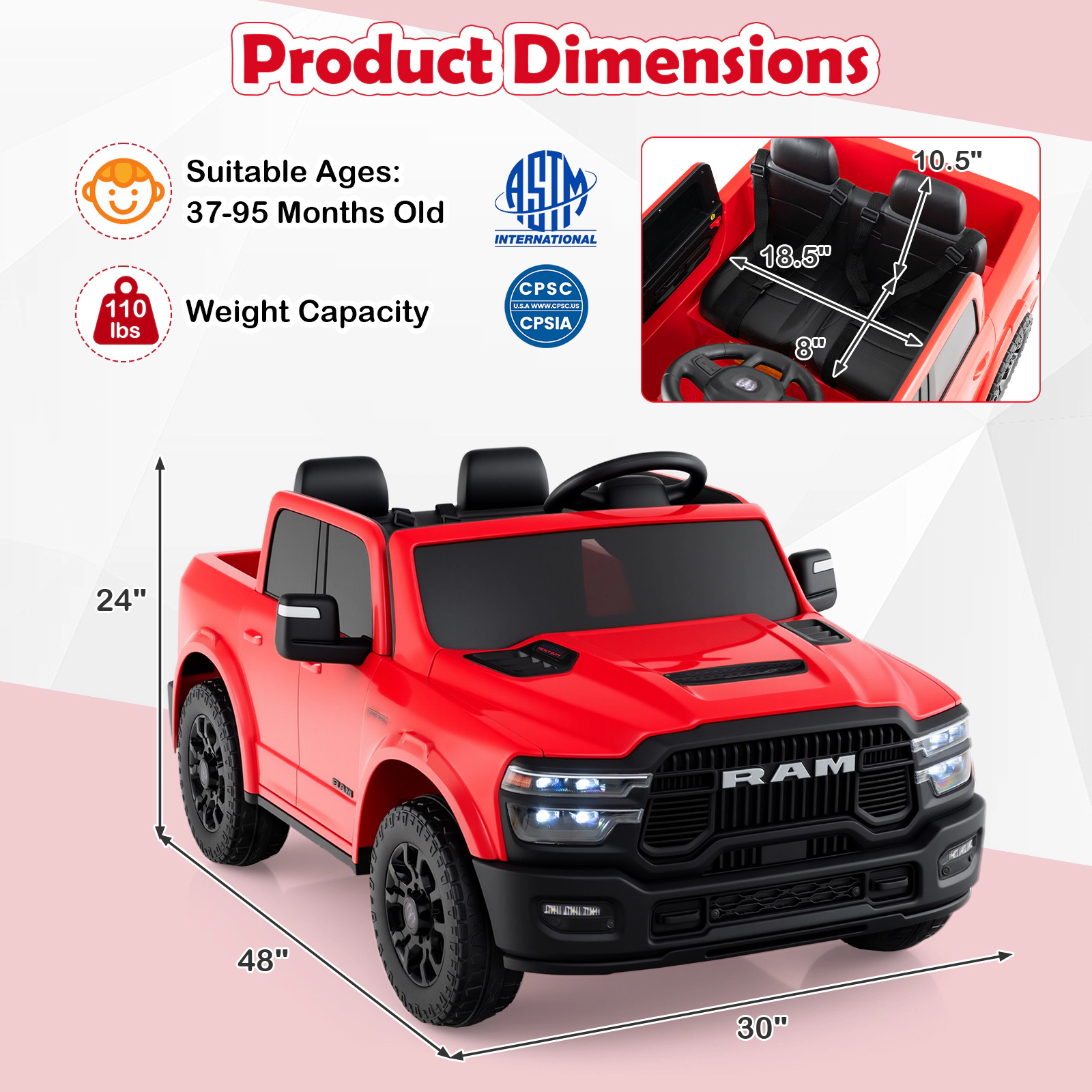 24V 2-Seater Kids Ride On Truck Parent Remote 3 Speeds 4-Wheel Spring Suspension Rear Trunk LED Lights Ages 3-8 Red