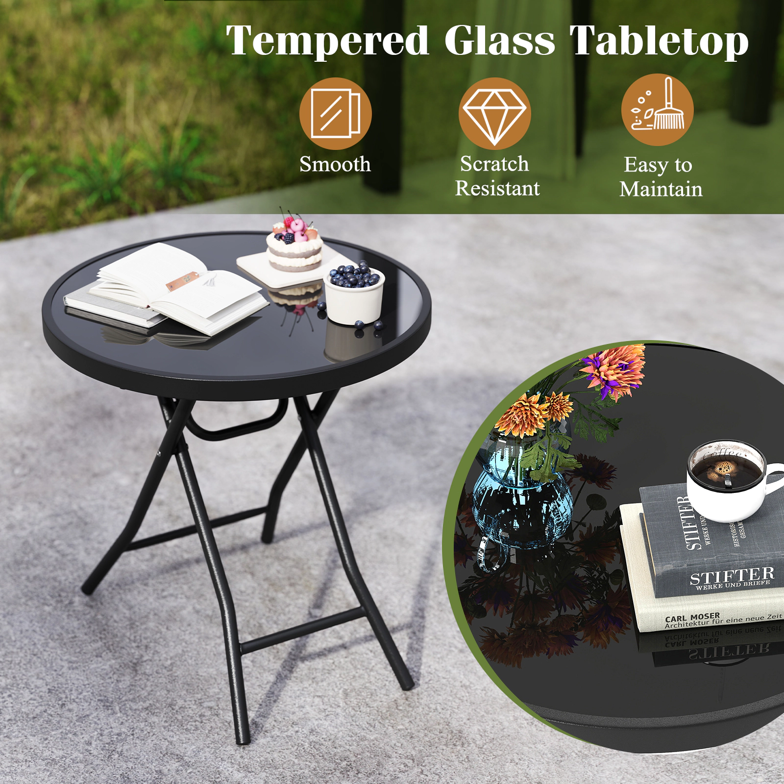 LJG 18 Inch Folding Side Table Patio Round Compact Coffee Table
