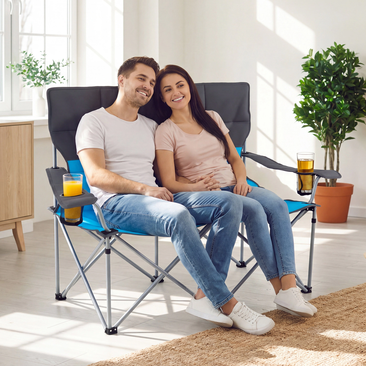 LJG Double Camping Chair with Carry Bag Cup Holders