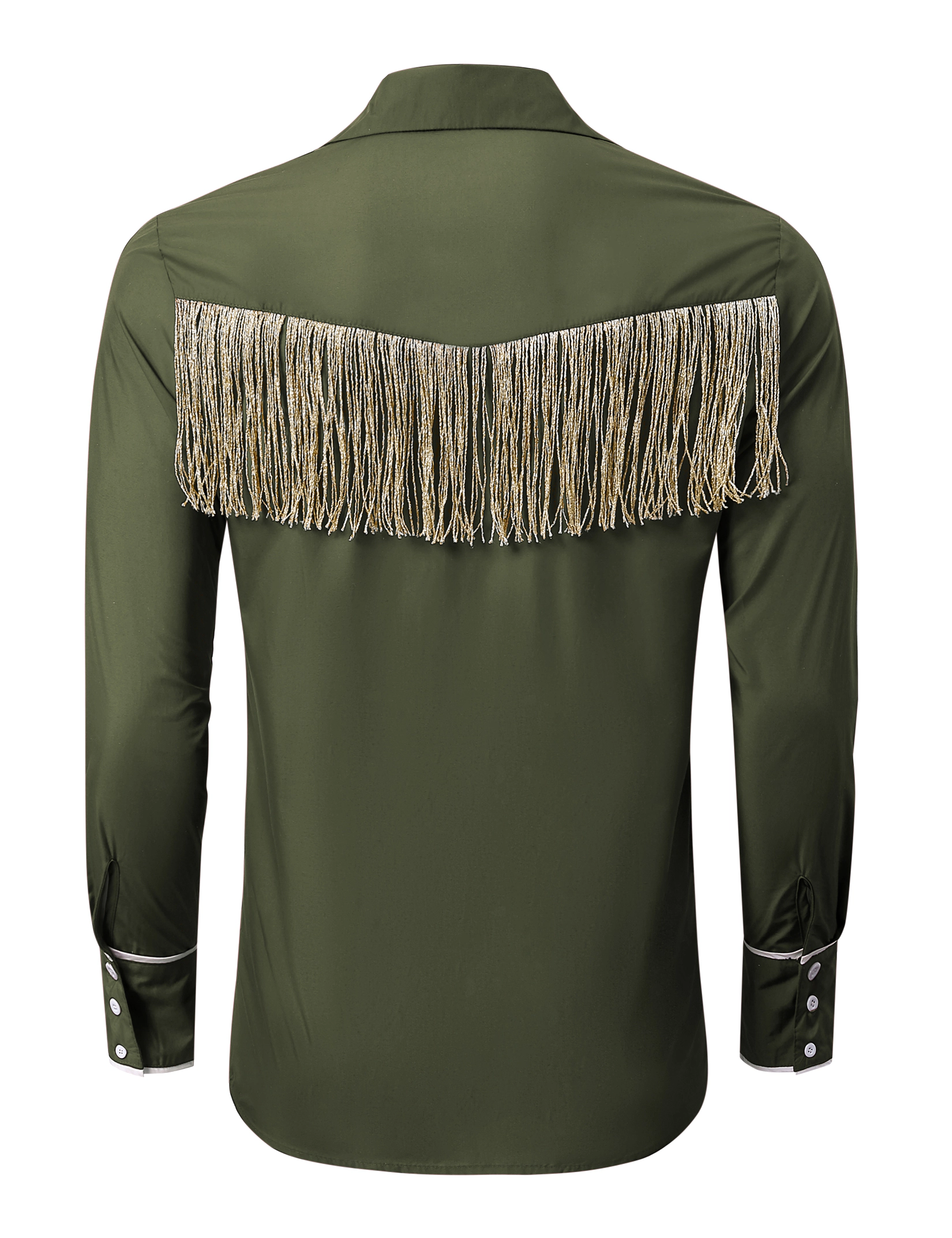 KOJOOIN Men's Western Fringe Shirt Long Sleeve Button Down Rose Embroidered Hippie Cowboy Costume