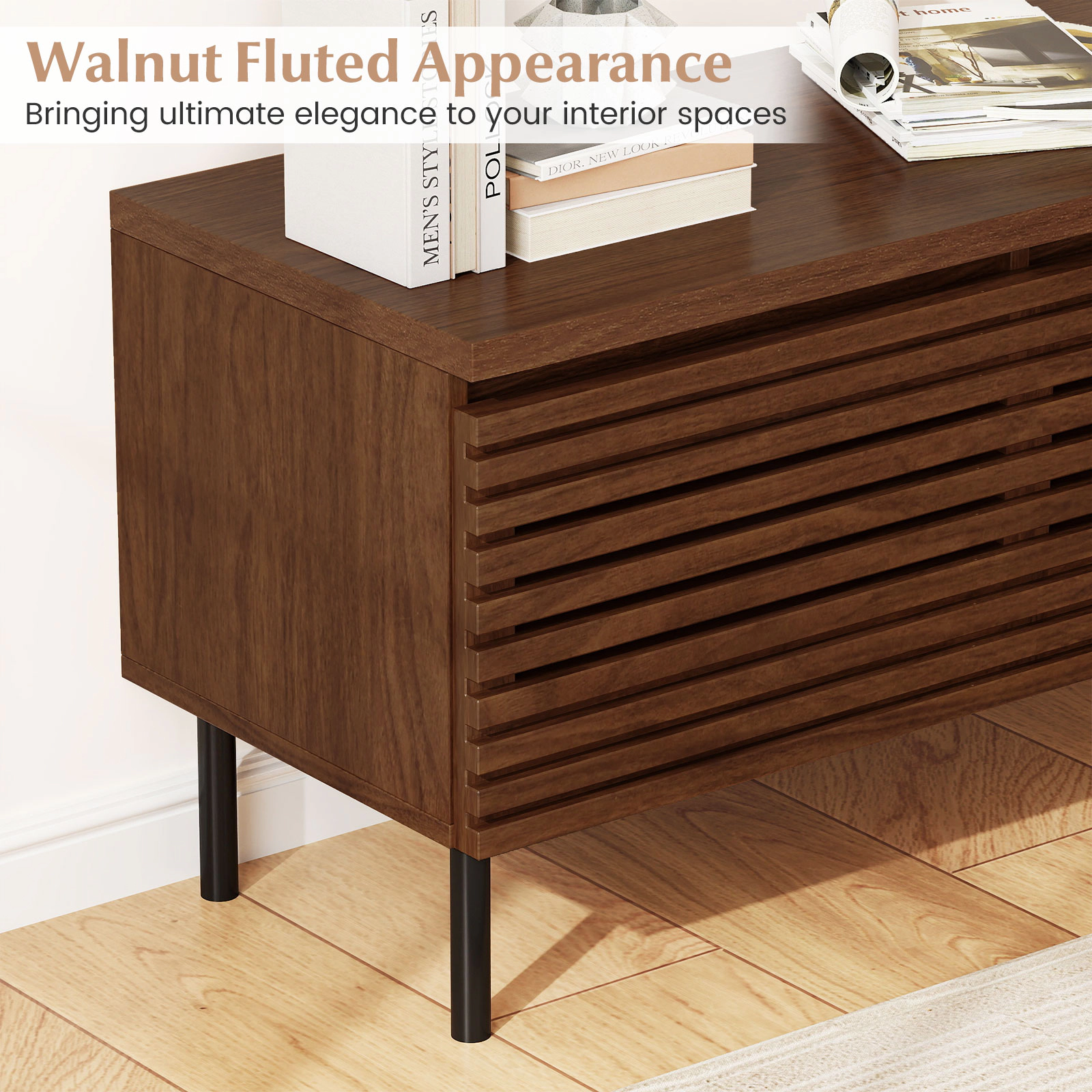 Glintex 35.5-Inch Fluted TV Stand with 2 Hidden Compartments, Walnut