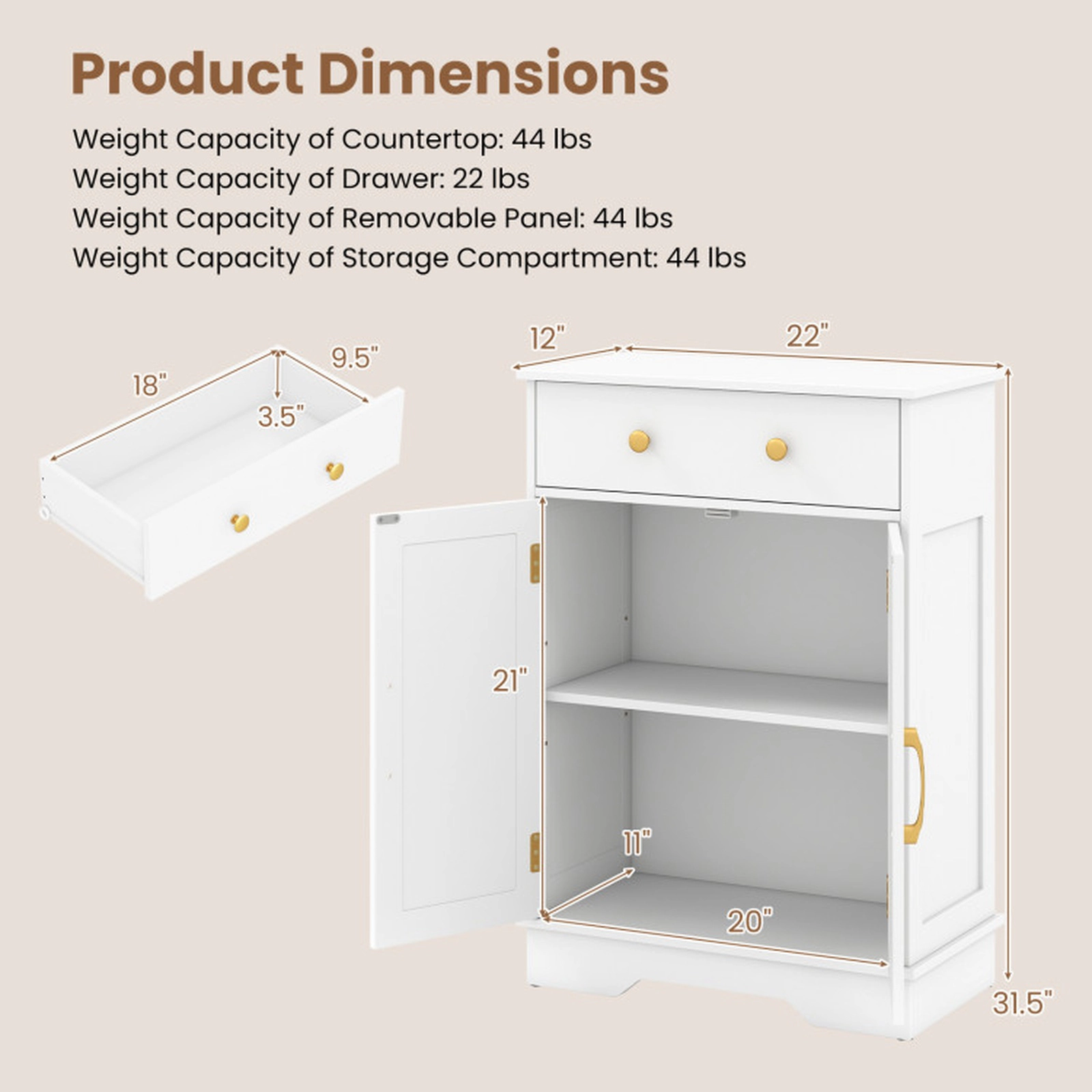 SUGIFT 2-Door Gold Handles Drawer 3-Level Shelf Floor Storage Sideboard 22-in x 12-in x 31.5-in 44-lb Capacity White