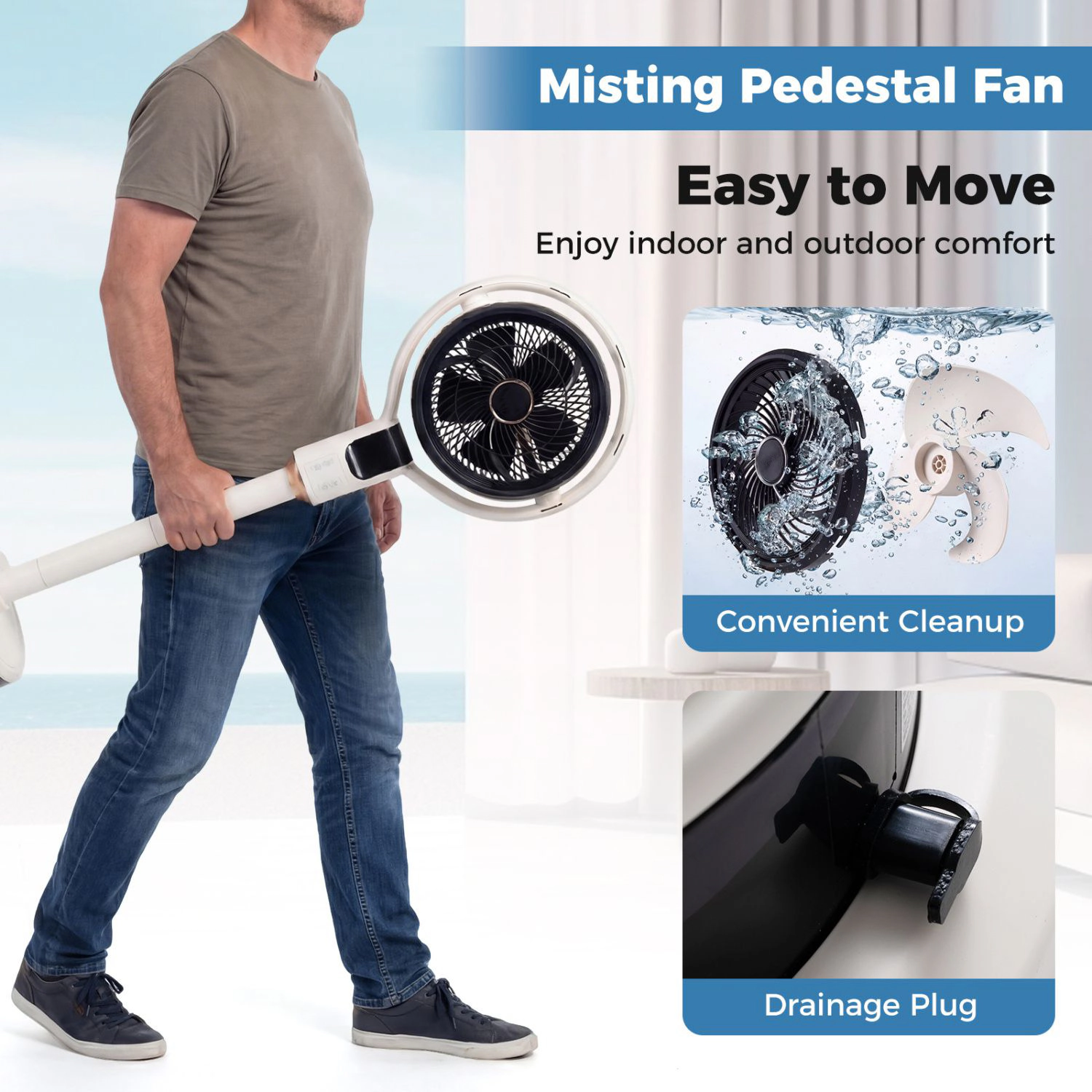 SlickBlue Oscillating Standing Fan with Water Mist Cooling and 8 Speed Settings