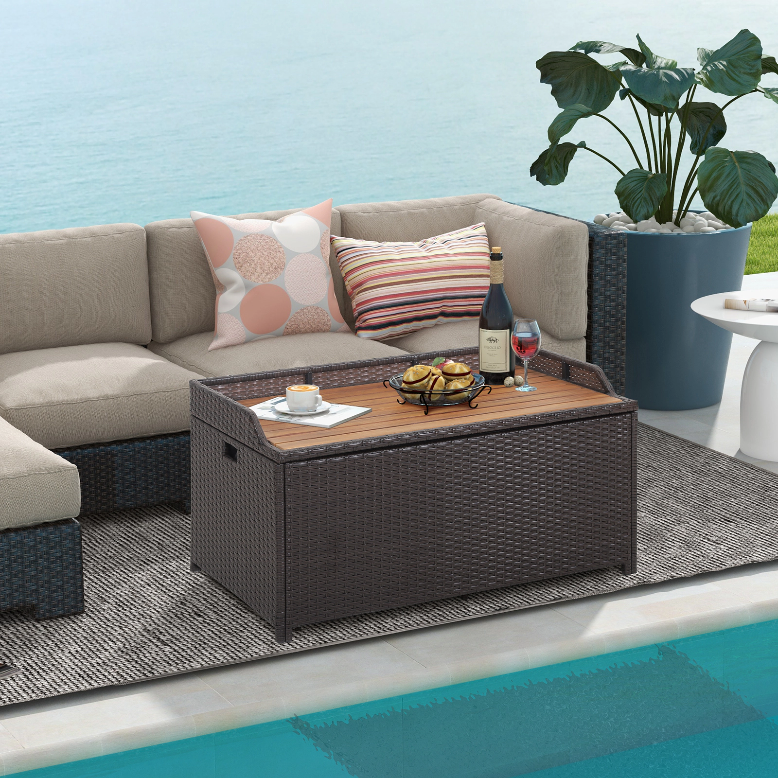 SUGIFT 45-Gallon Outdoor Storage Bench with Zippered Liner 795-lb Seating Capacity 66-lb Inner Load Mix Brown