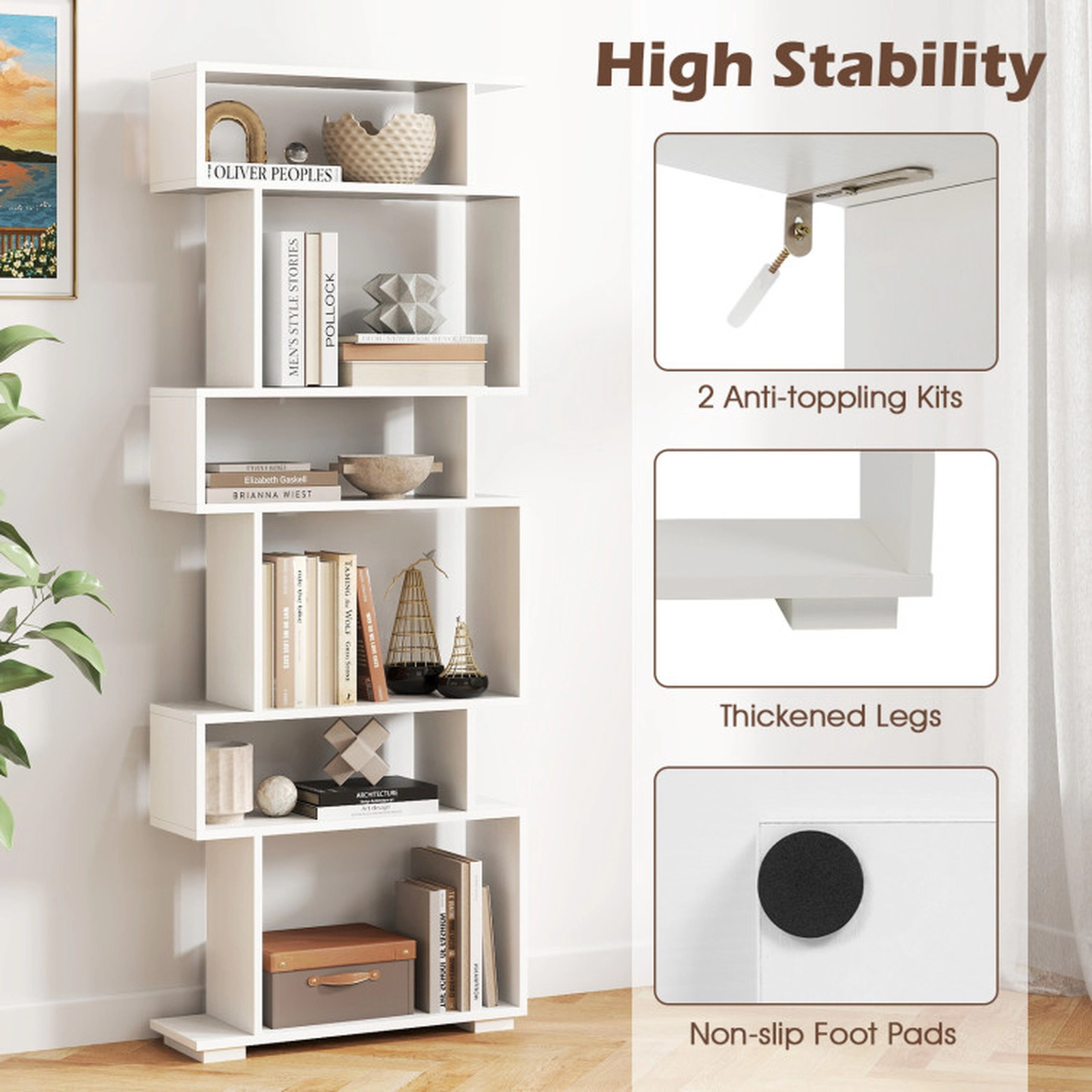 SUGIFT 6-Tier White 64-in Narrow Geometric Bookshelf with Display Shelves and 2 Anti-Tipping Kits for Bedroom