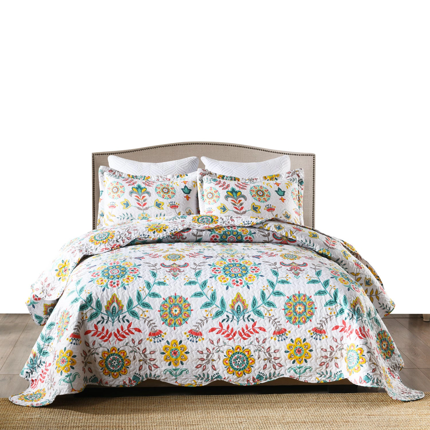 MarCielo 3 Piece Boho Floral Quilt Set, Medallion Bedspread Set