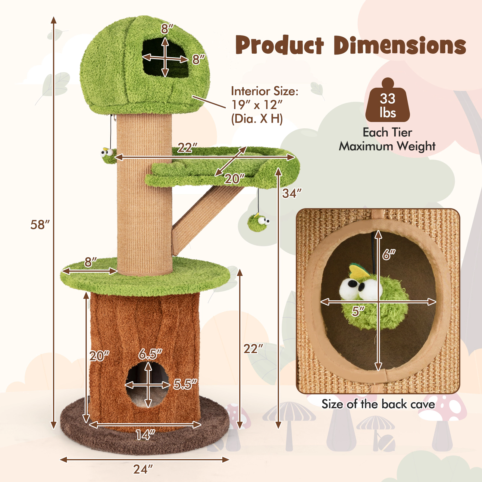 SUGIFT Mushroom Cat Tree with 2 Condos Plush Perch Thick Scratching Posts 33-lb Capacity 24 x 58 in Green Brown Natural