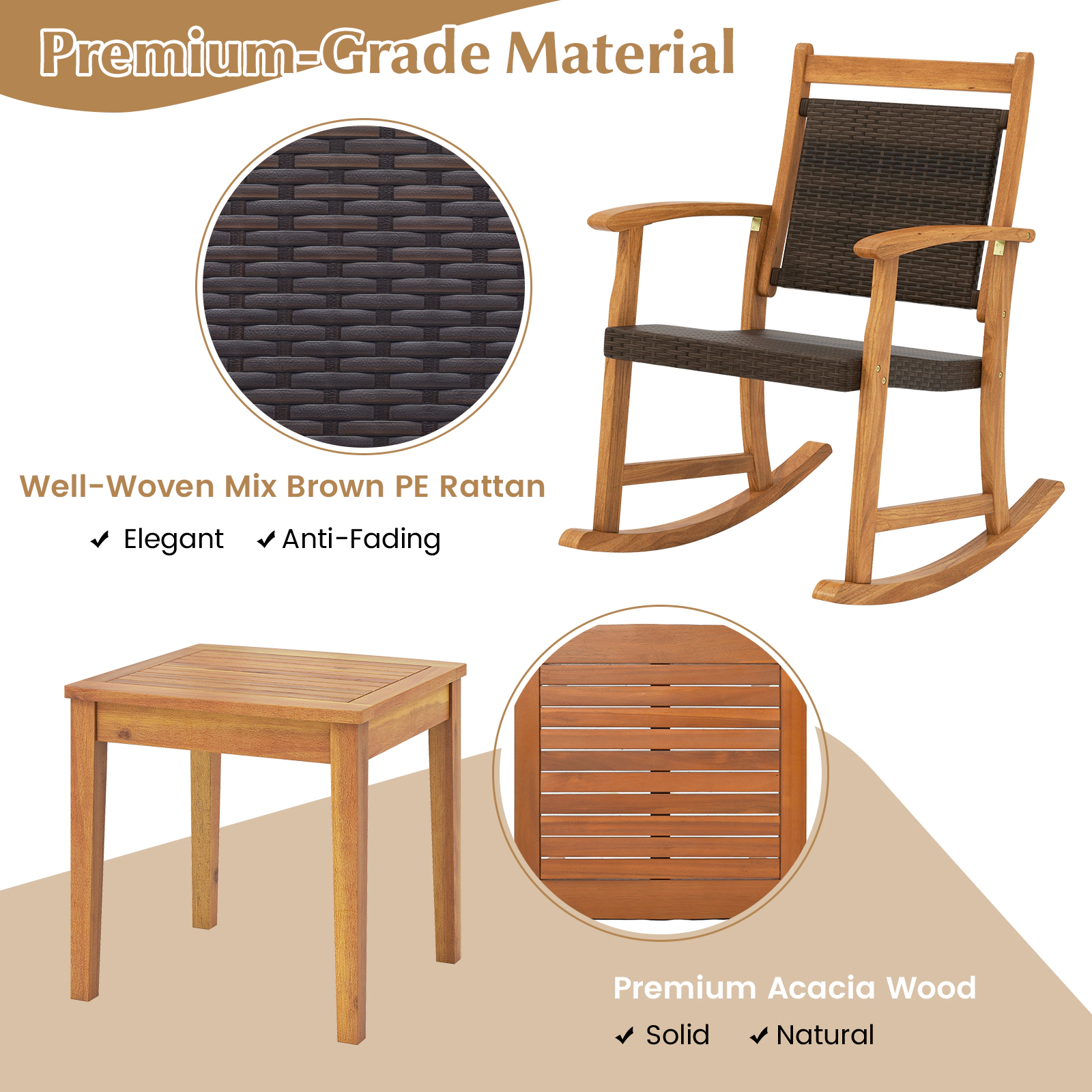 SUGIFT 3-Piece Acacia Wood Patio Rocking Chair Set, Reddish Brown