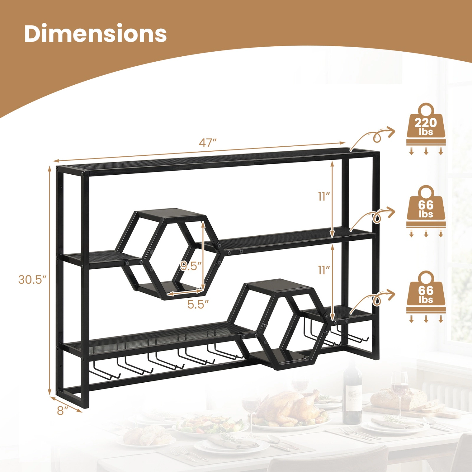 SUGIFT 47-in Wall Mounted Metal Wine Rack with 3 Floating Bar Shelves 352-lb Total Capacity Black/Gold