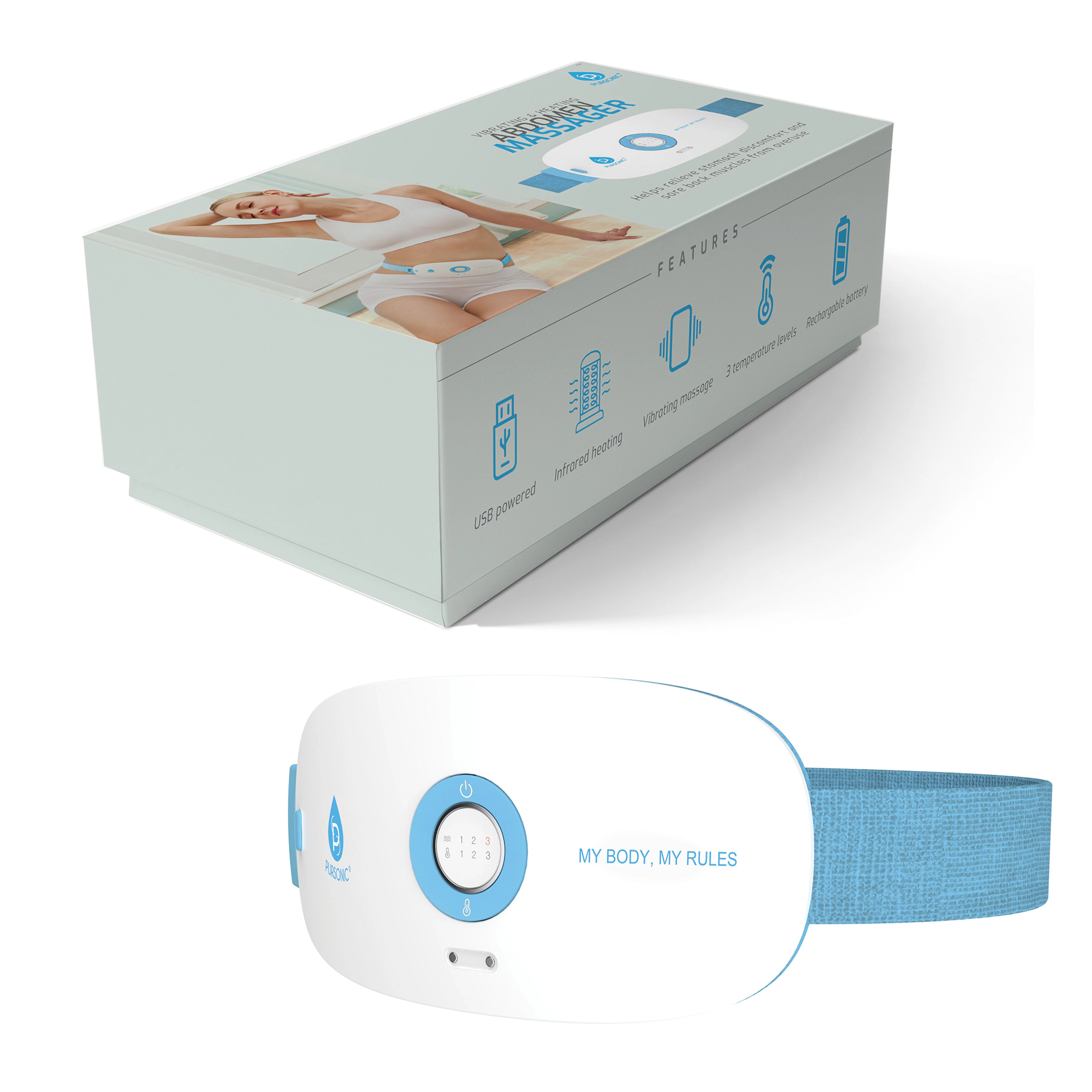 Pursonic Unisex Stomach & Back Massager, 3 Vibration Levels, 3 Heat Settings & USB Rechargeable