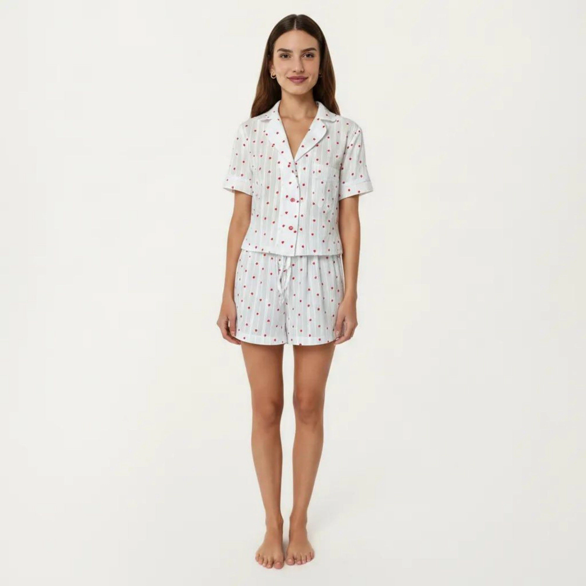 Anna-Kaci Women's 2-Piece Button Down Pajama Shirt and Shorts Short Sleeve Heart Printed Lounge Sleepwear Set