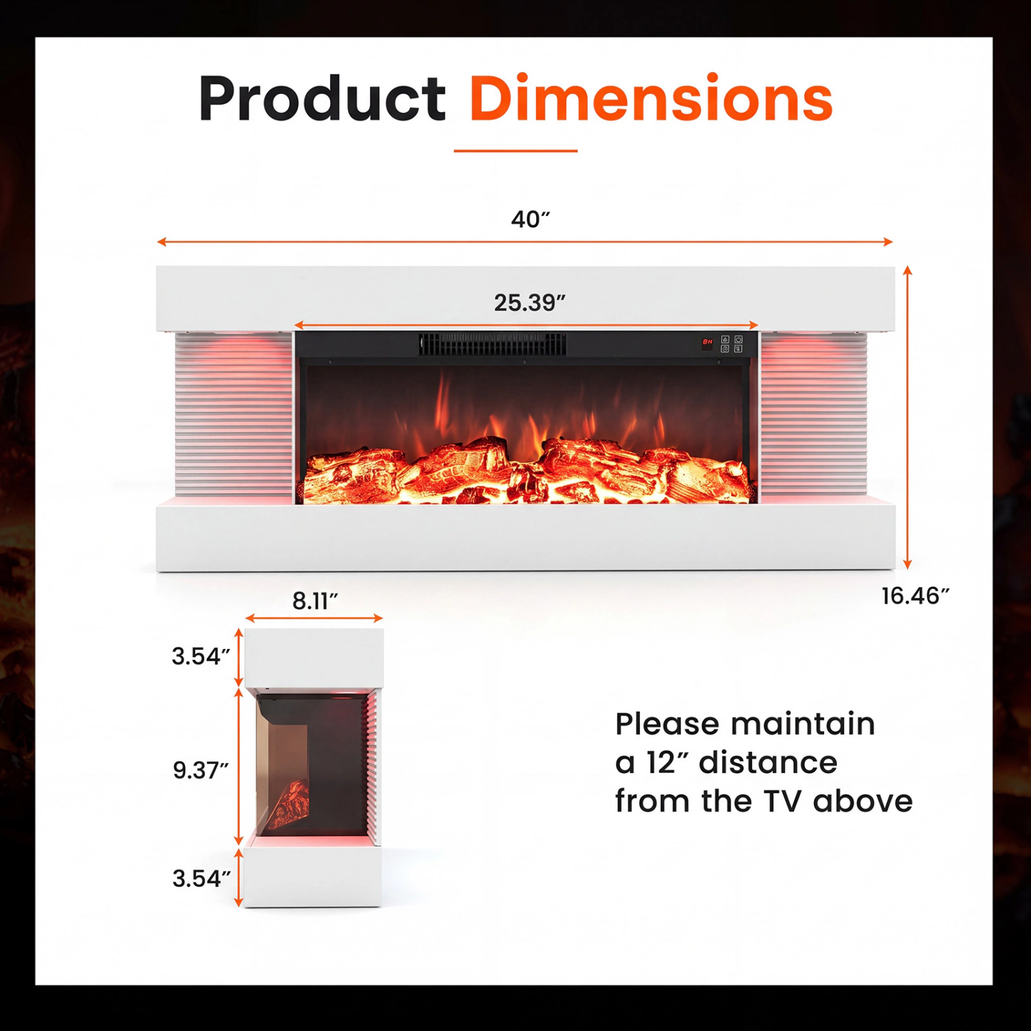LJG 3-Sided White Wall Mount Electric WiFi Fireplace with Floating Mantel and 12 Flame Ambient Colors