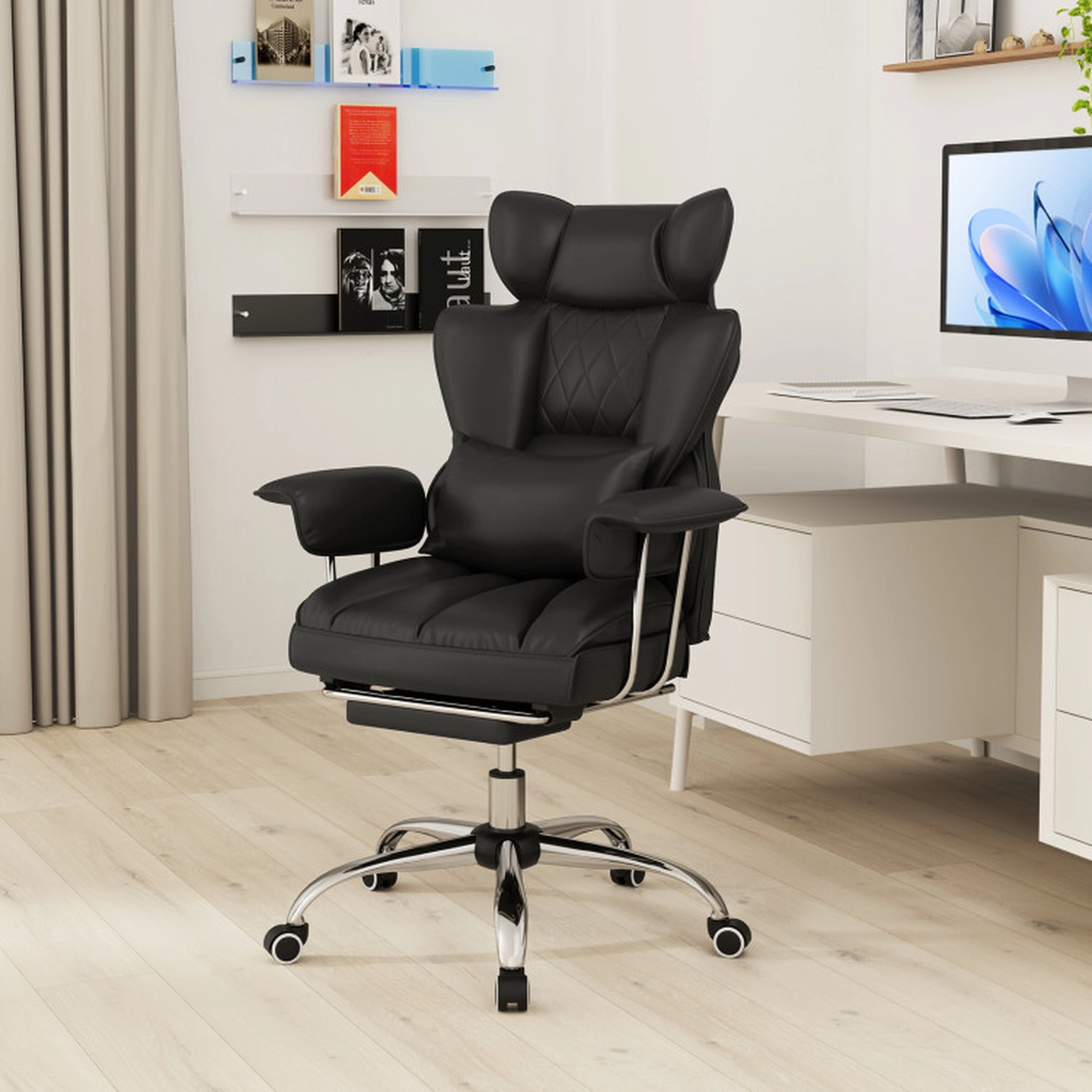 SUGIFT High Back Pocket Spring Retractable Footrest Executive Office Chair 29-in x 27.5-in x 45-in 400-lb Black