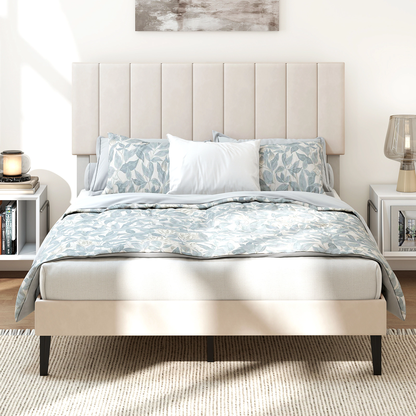 SUGIFT Velvet Upholstered Full Size Platform Bed Frame with 3-Level Adjustable Headboard 800-lb Capacity Beige